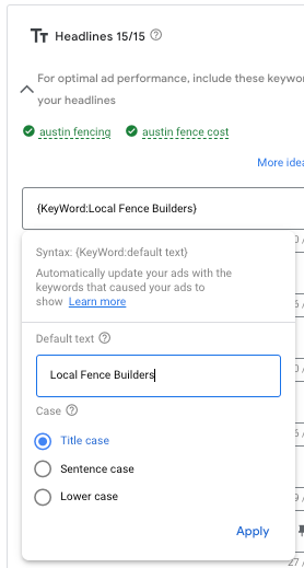 Dynamic Keyword Insertion (DKI) setup for Google Ads.