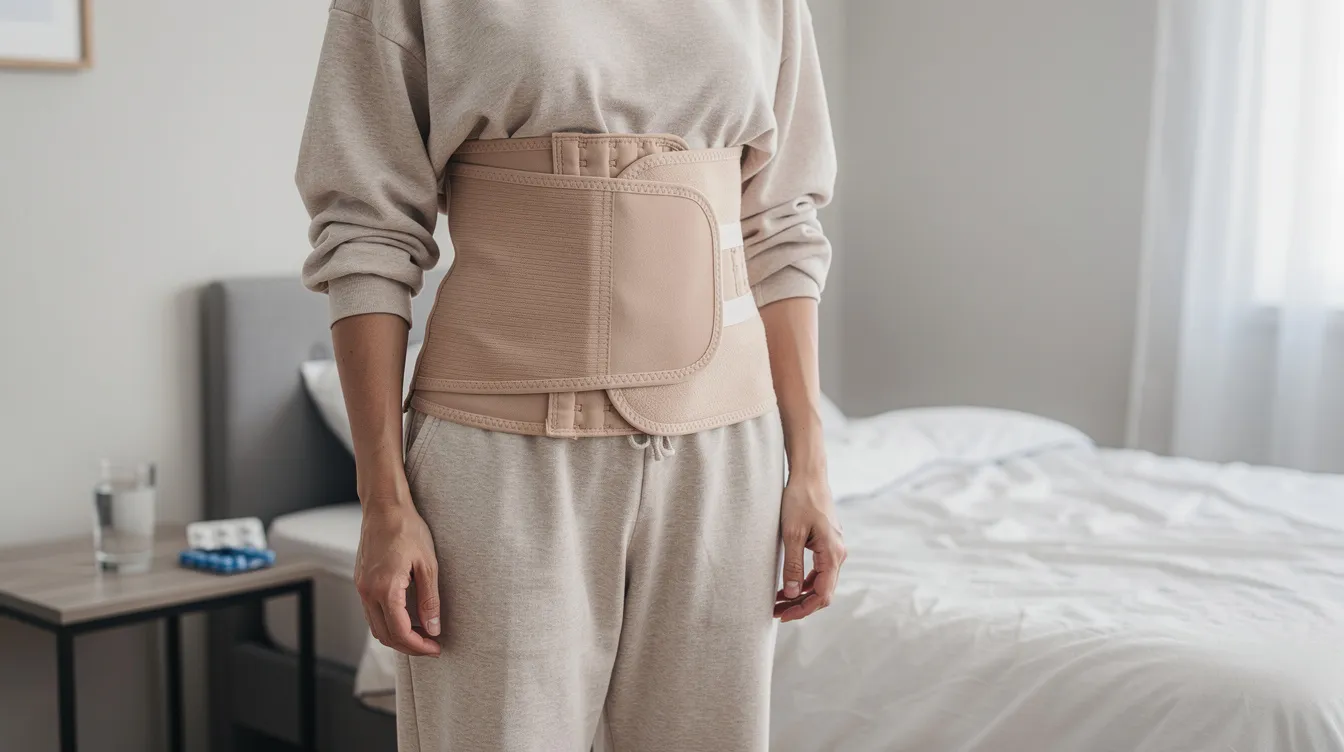 A person is sitting at home wearing a tight post-surgical compression garment around their midsection, designed to support the healing process after cosmetic surgery. This garment helps control swelling and improve blood circulation, ensuring optimal healing during recovery.