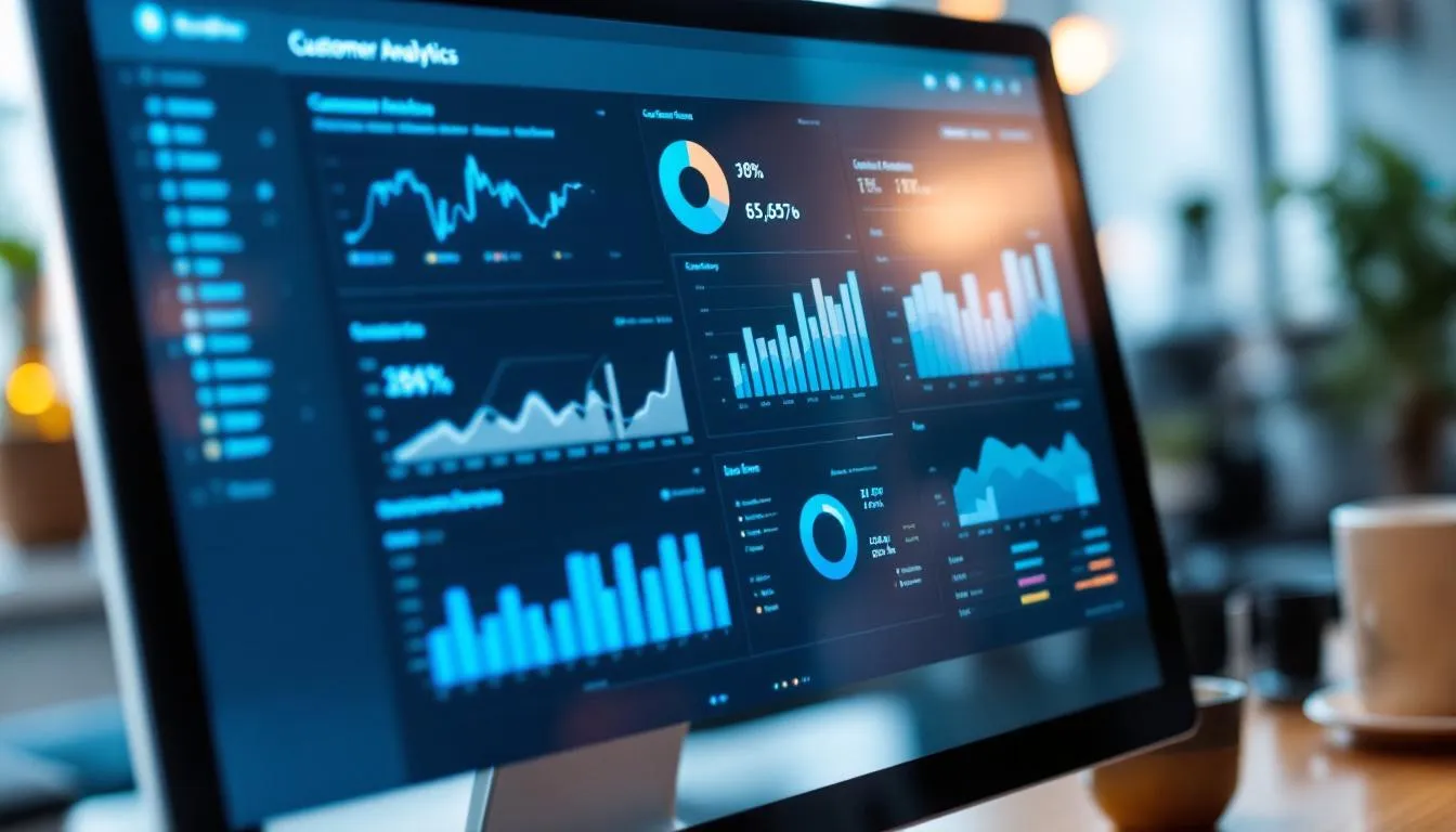 Una pantalla de computadora muestra un dashboard con gráficos y estadísticas que analizan la información de los clientes en un salón de belleza, utilizando software de gestión para mejorar la fidelización y optimizar las reservas y citas.