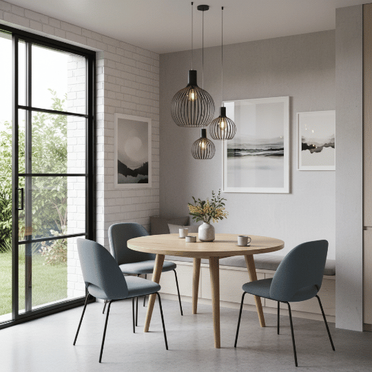 Modern dining room light fixture with trio of black metal cage pendants over table .