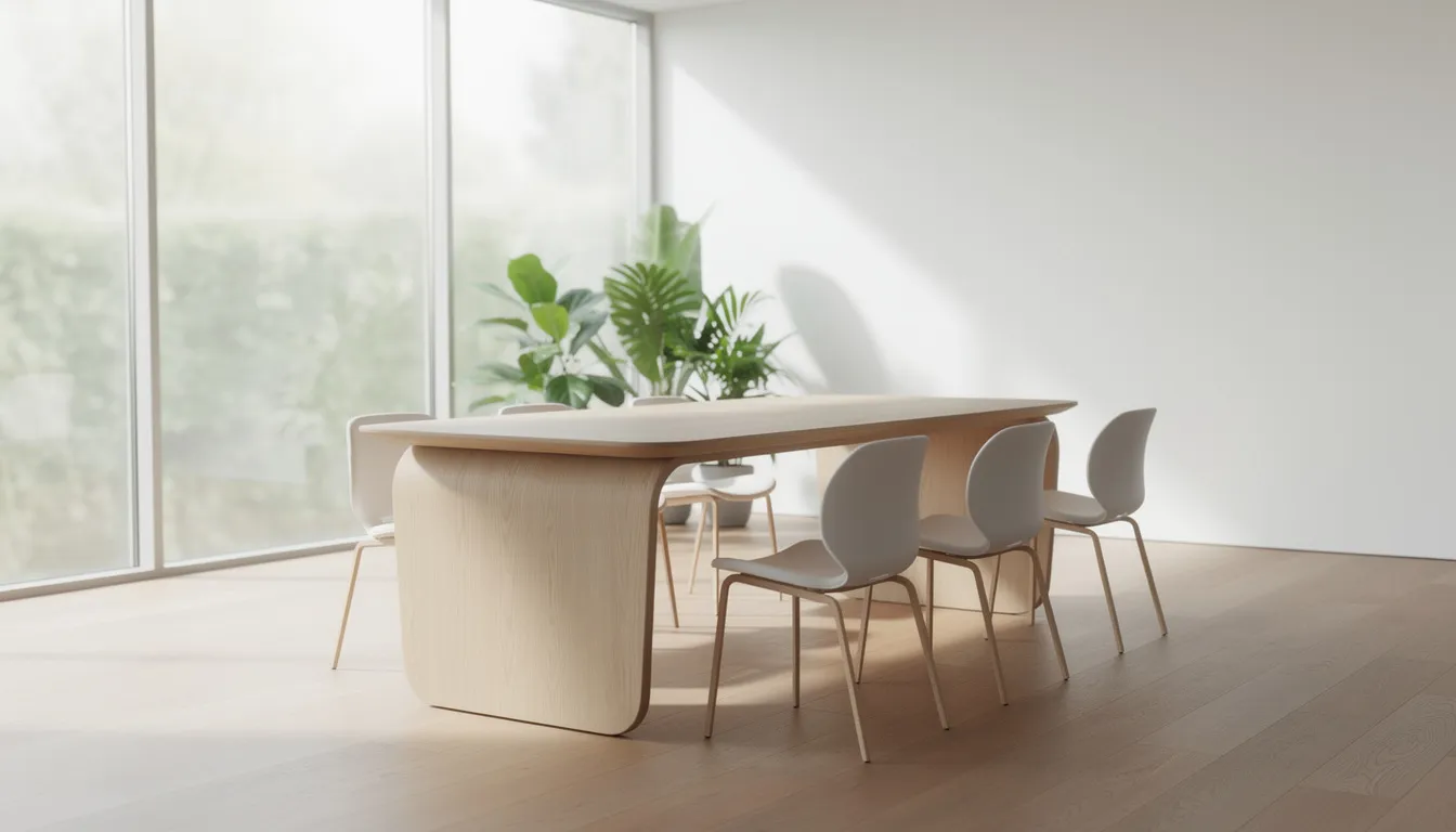 In een lichte, moderne eetkamer met grote ramen en groene planten staat een kiezelvormige eiken eettafel met een stalen onderstel. De organische lijnen en de natuurlijke uitstraling van de tafel creëren een uitnodigende sfeer voor gezellige diners.
