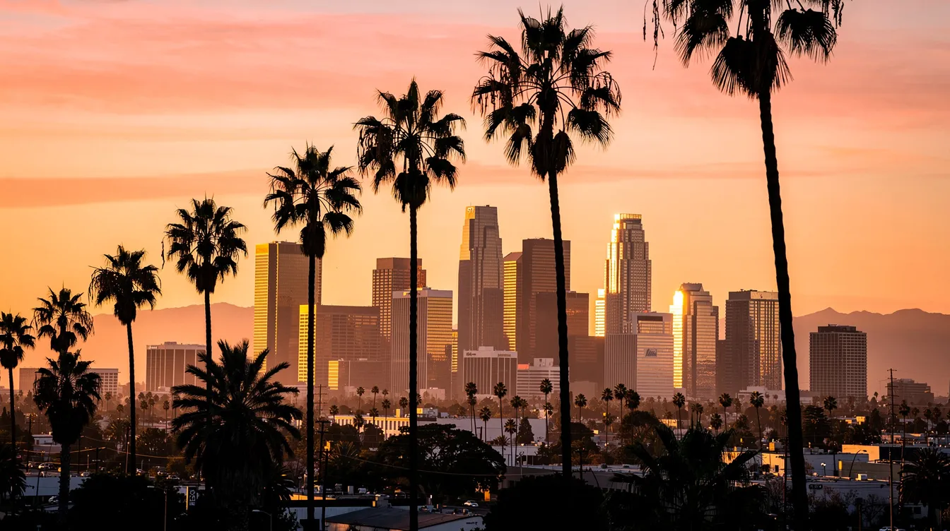 The image captures the stunning Los Angeles skyline at golden hour, with palm trees silhouetted against a vibrant orange sky. This picturesque scene reflects the essence of life in LA, where many seek to find love and build connections through dating apps and social events.