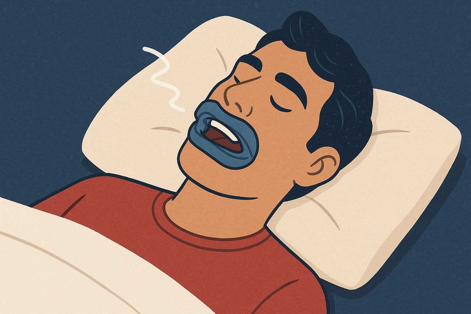 Snorkeskinne: Liten Skinne, Stor Effekt på Søvnen 16 «Mann sover fredelig med liten snorkebeskytter som hjelper å redusere snorking og forbedre søvnkvaliteten.»