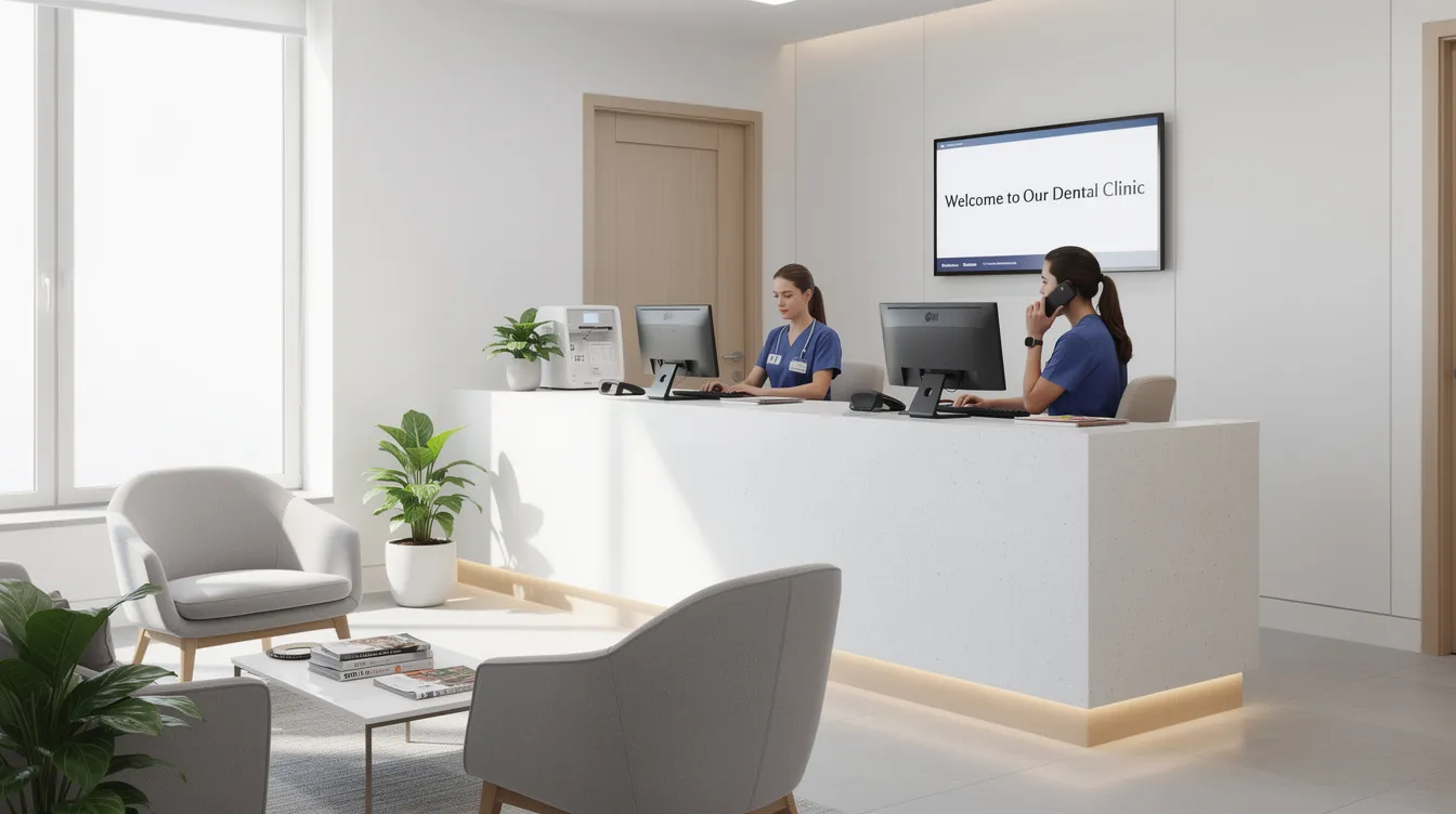 The image depicts a modern dental office reception area where staff members are engaged in administrative tasks at their computers, highlighting the importance of efficient dental billing services and patient care in dental practices. The environment reflects a professional setting aimed at enhancing operational efficiency and patient satisfaction within the dental industry.