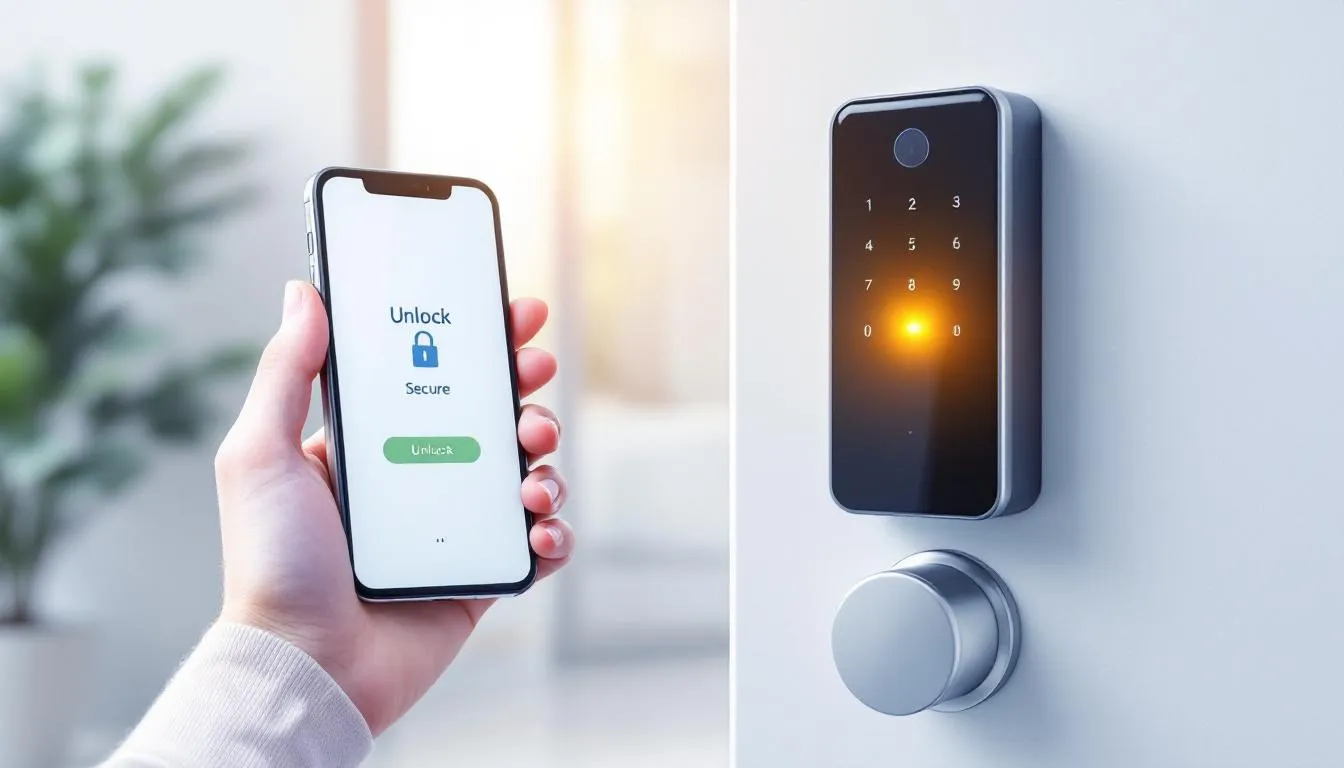 An illustration of a person using a smartphone app to remotely control a smart lock, highlighting convenience and security.