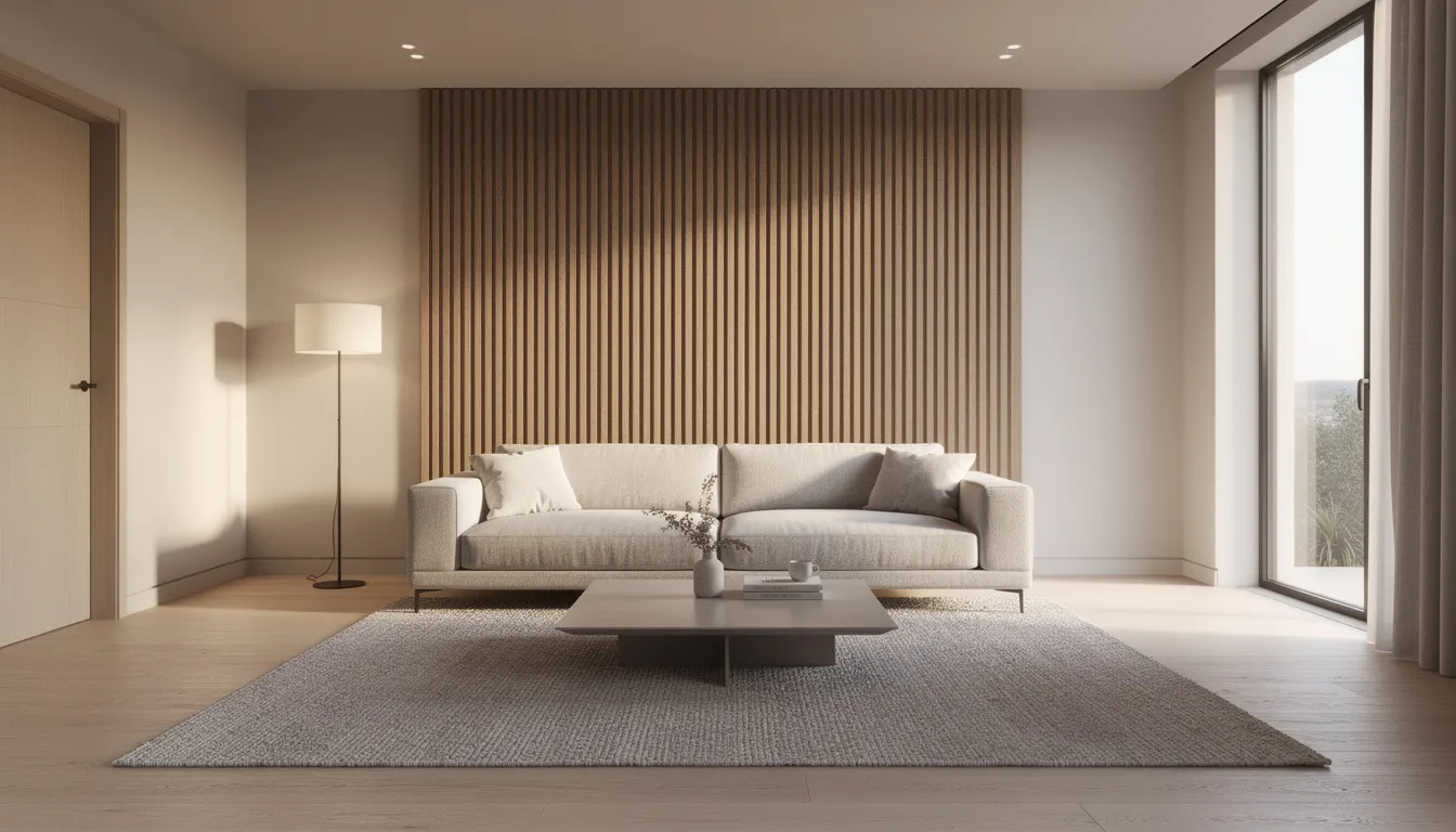 Een moderne zithoek met een stijlvolle stoffen bank en een akoestisch wandpaneel dat achter de bank is geplaatst, zorgt voor een nette afwerking en betere akoestiek. Het grote vloerkleed op de grond voegt een warme sfeer toe aan de ruimte.