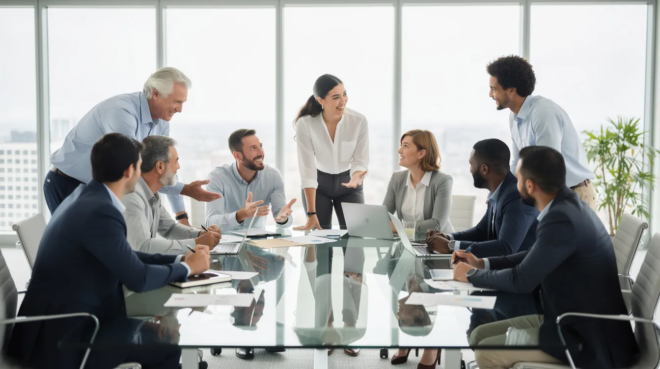 Une équipe de travail diverse est réunie autour d'une table de conférence moderne, échangeant activement des idées pour renforcer la confiance en soi et l'estime de soi au sein de l'entreprise. Cette interaction dynamique met en avant l'importance du développement personnel et du coaching professionnel pour surmonter les blocages et atteindre des objectifs communs.