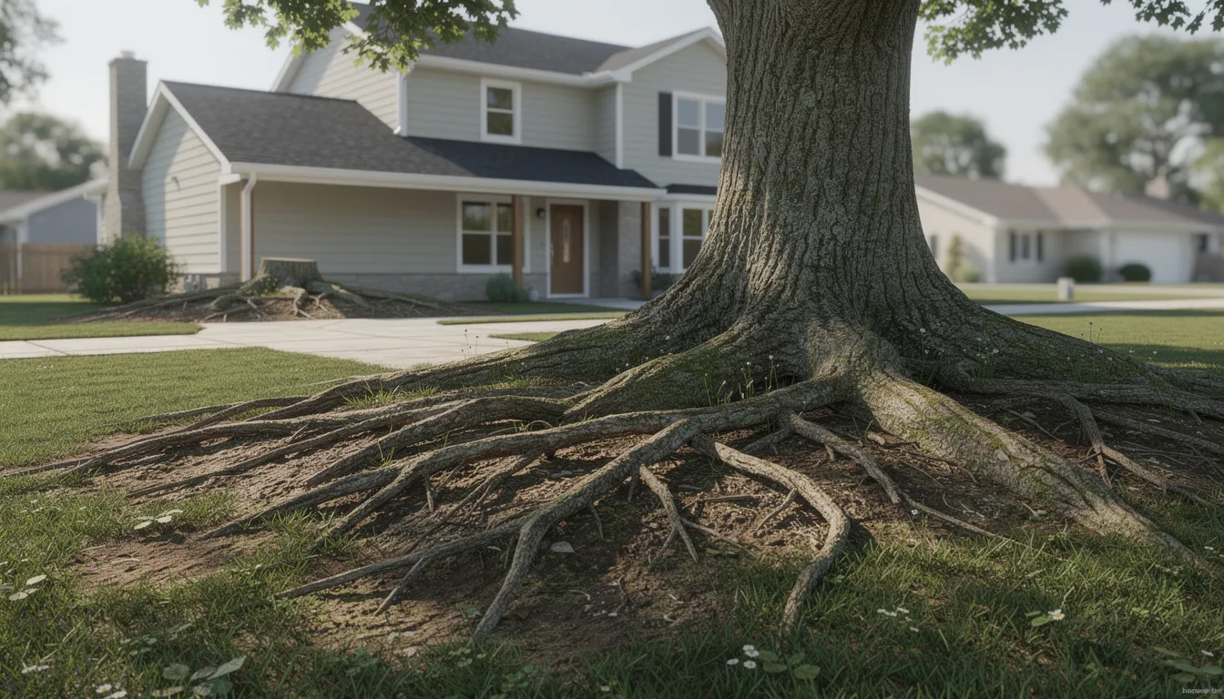 The image depicts a mature tree with a sprawling root system located near a residential property, which may pose risks to the sewer system due to potential root intrusion. Regular sewer line maintenance is essential to prevent costly repairs and ensure proper drainage in the plumbing system.