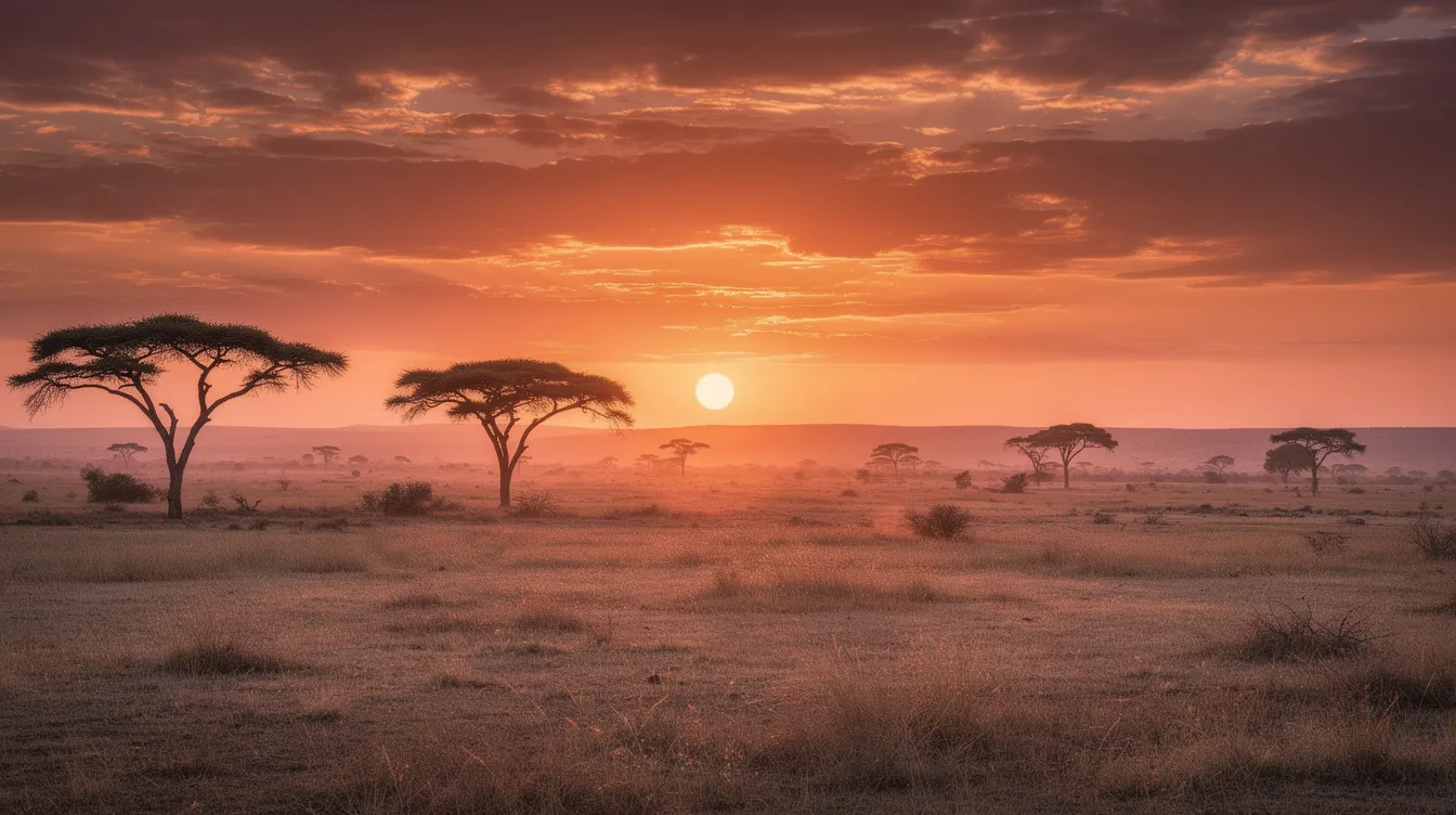 Die afrikanische Savannenlandschaft zeigt sich bei Sonnenaufgang in beeindruckenden Orange- und Rottönen, während Akazienbäume als dunkle Silhouetten vor dem dramatischen Himmel stehen. Diese Szenerie könnte die Atmosphäre eines Films von Hans Zimmer widerspiegeln, der oft die majestätische Schönheit der Natur in seinen Soundtracks einfängt.