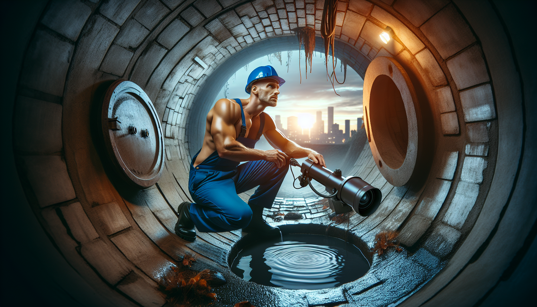 A drainage plumber inspecting a sewer drain
