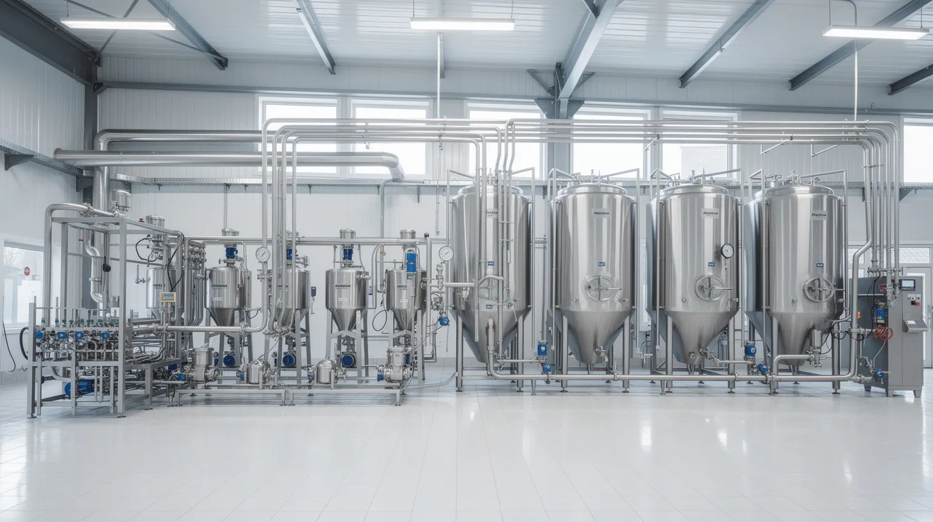 The image depicts a large-scale industrial uht milk processing plant, featuring stainless steel dairy processing equipment, including pipes and tanks essential for the production of long-life dairy products. The facility is designed to achieve commercial sterility through ultra high temperature (UHT) processing, ensuring the safety and quality of milk products.