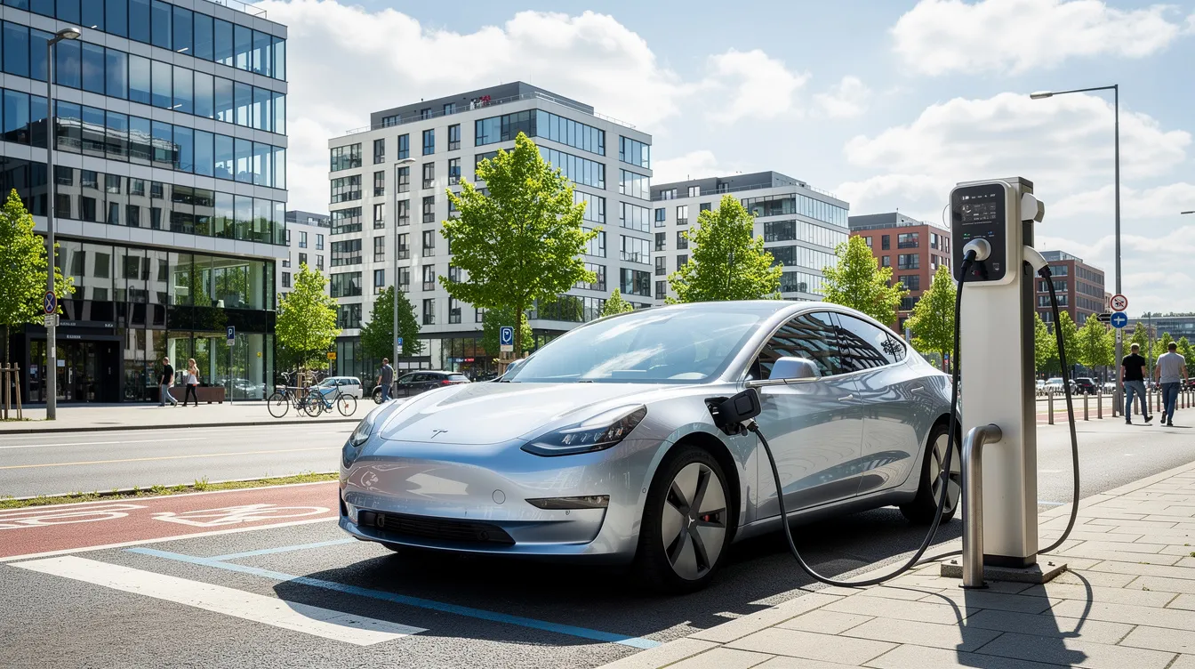 Ein Elektroauto steht an einer Ladestation in einer urbanen Umgebung bei Tageslicht. Der E-Auto Fahrer nutzt die Möglichkeit, sein Fahrzeug aufzuladen, während im Hintergrund moderne Gebäude und Straßen zu sehen sind, die die fortschreitende Elektromobilität und den Klimaschutz symbolisieren.