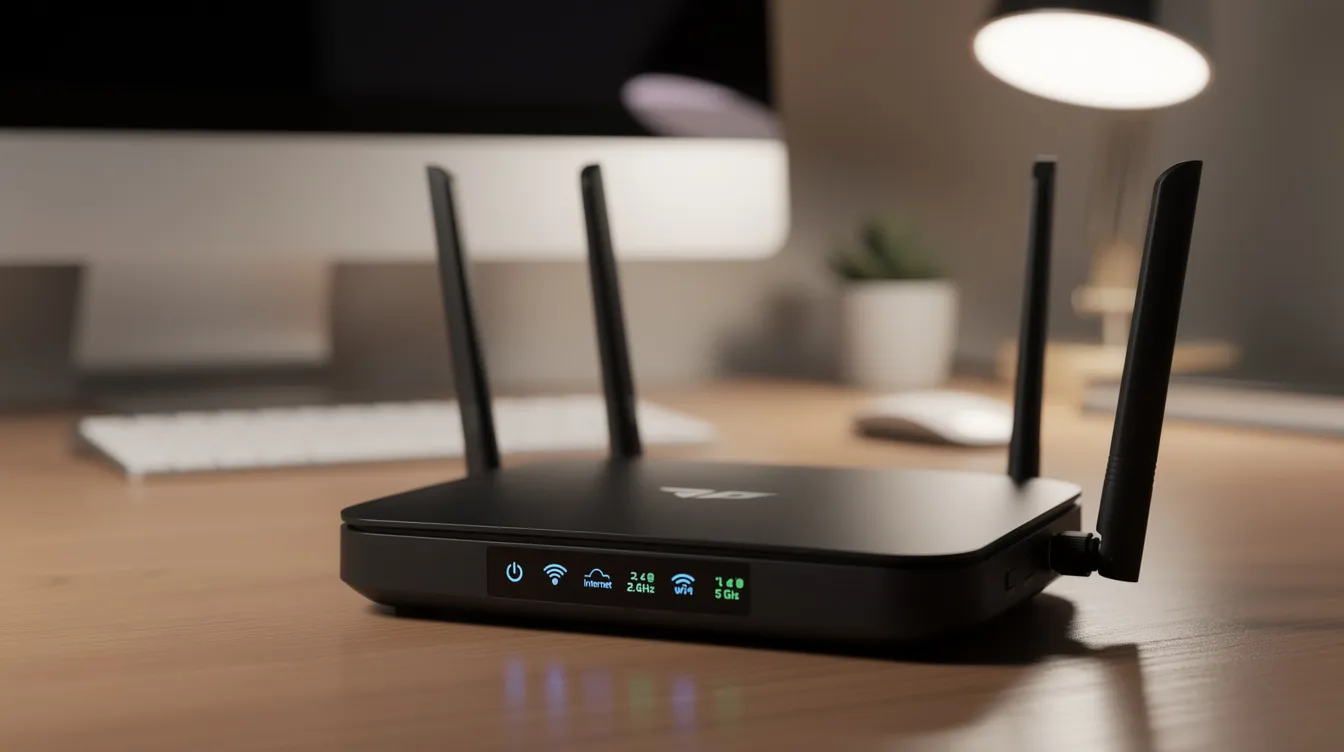 A close-up of a modern Wi-Fi router is displayed in a home office, featuring glowing indicator lights that suggest a strong internet connection. This setup is ideal for streaming high-quality IPTV services, allowing users to enjoy live TV channels and on-demand content seamlessly.