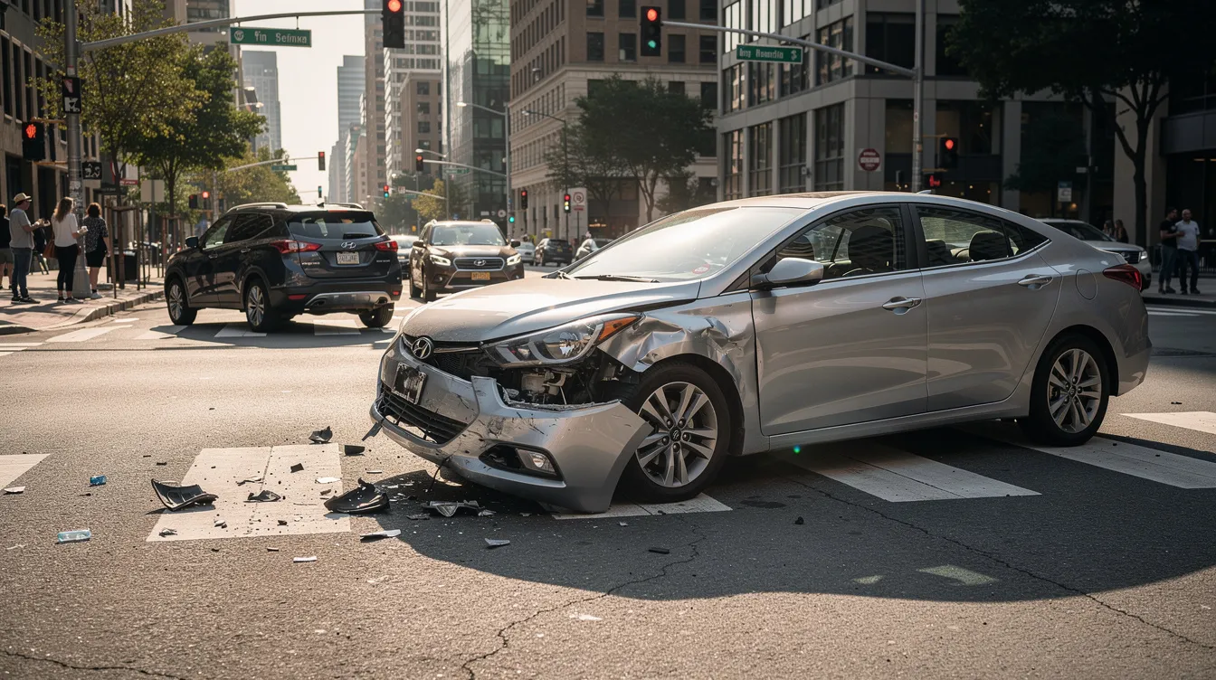 The image depicts a damaged sedan at a busy intersection following a collision with another vehicle, highlighting the aftermath of a car accident. The scene emphasizes the importance of understanding insurance coverage and the potential implications of dealing with an at-fault driver, as well as the need for legal representation to navigate claims and recover compensation for damages.