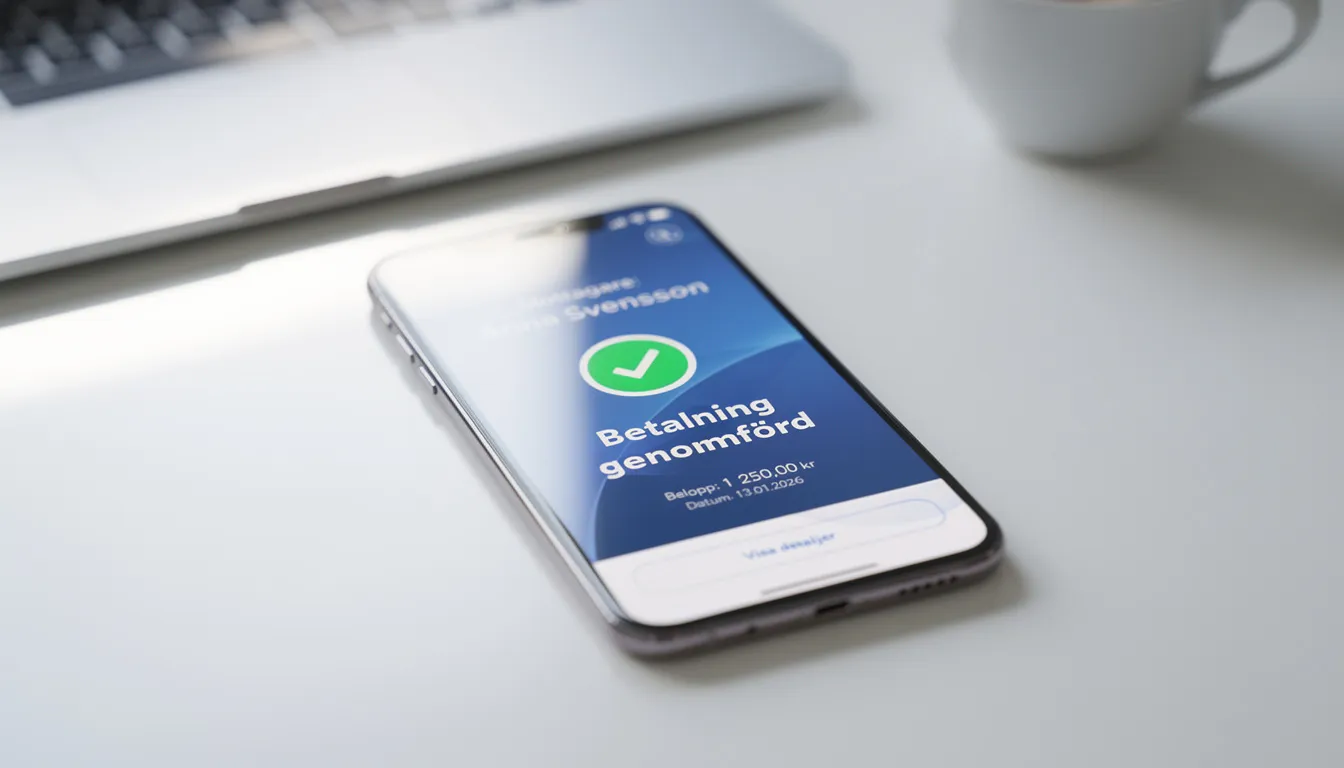 En smartphone visar en mobilbank-applikation där en bekräftad betalning har genomförts, vilket ger en känsla av trygghet och enkelhet för spelare som använder tjänster som turbovegas. Appen erbjuder snabba uttag och olika betalningsmetoder för en smidig spelupplevelse.