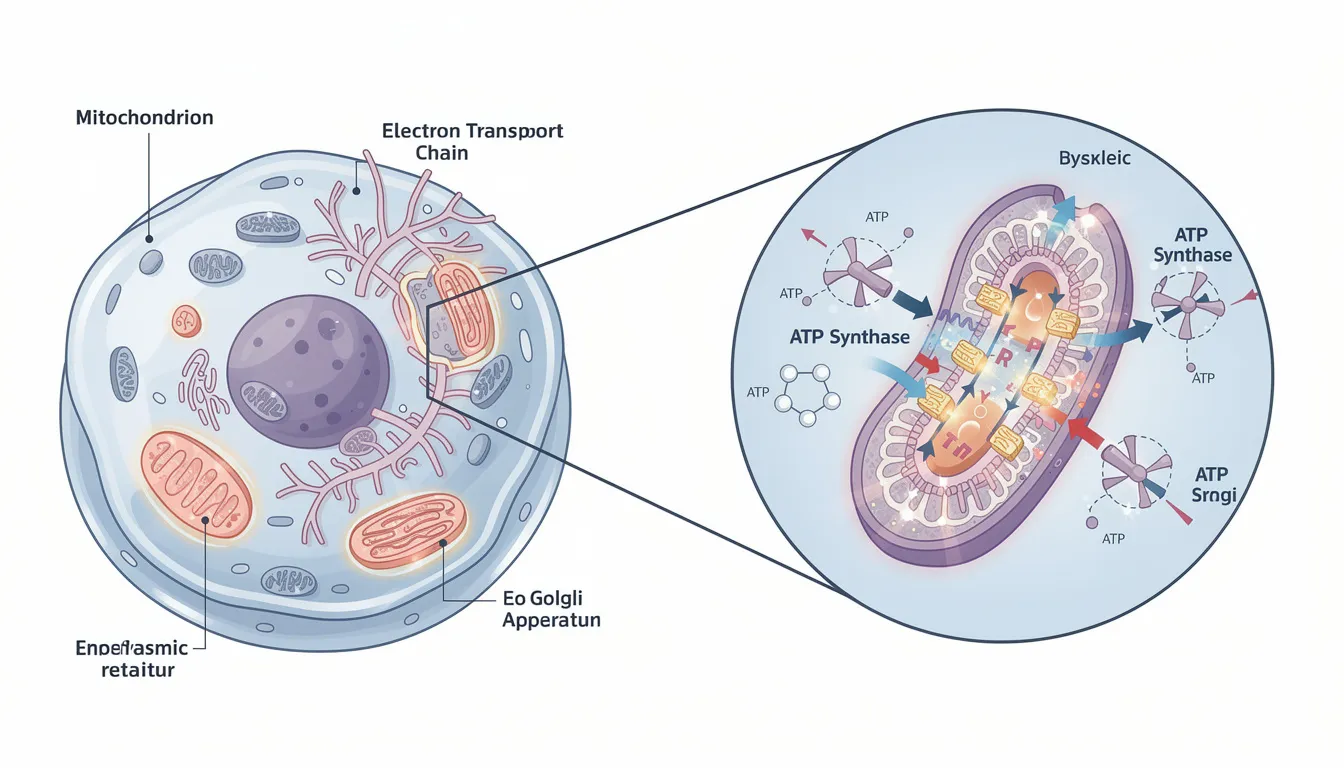 The illustration depicts a human cell with a detailed, magnified view of mitochondria, highlighting the energy production pathways essential for cellular health and muscle function. This visual emphasizes the importance of mitochondrial function in energy metabolism and healthy aging, showcasing the role of mitochondria in maintaining muscle strength and endurance.