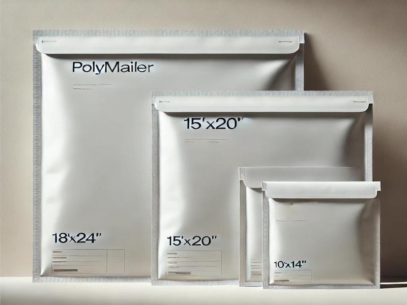 A picture of four black resealable mailing bags in different sizes, arranged to show their variety, highlighting different packaging options.