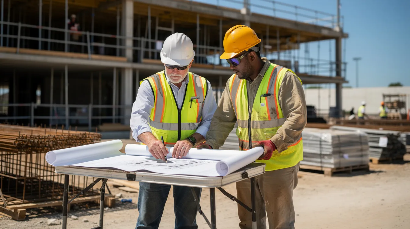 A construction superintendent and foreman are collaborating on blueprints at a commercial building site, with scaffolding visible in the background, showcasing a typical scene in the construction industry. This interaction highlights the importance of teamwork and effective communication in managing construction projects and ensuring safety on job sites.