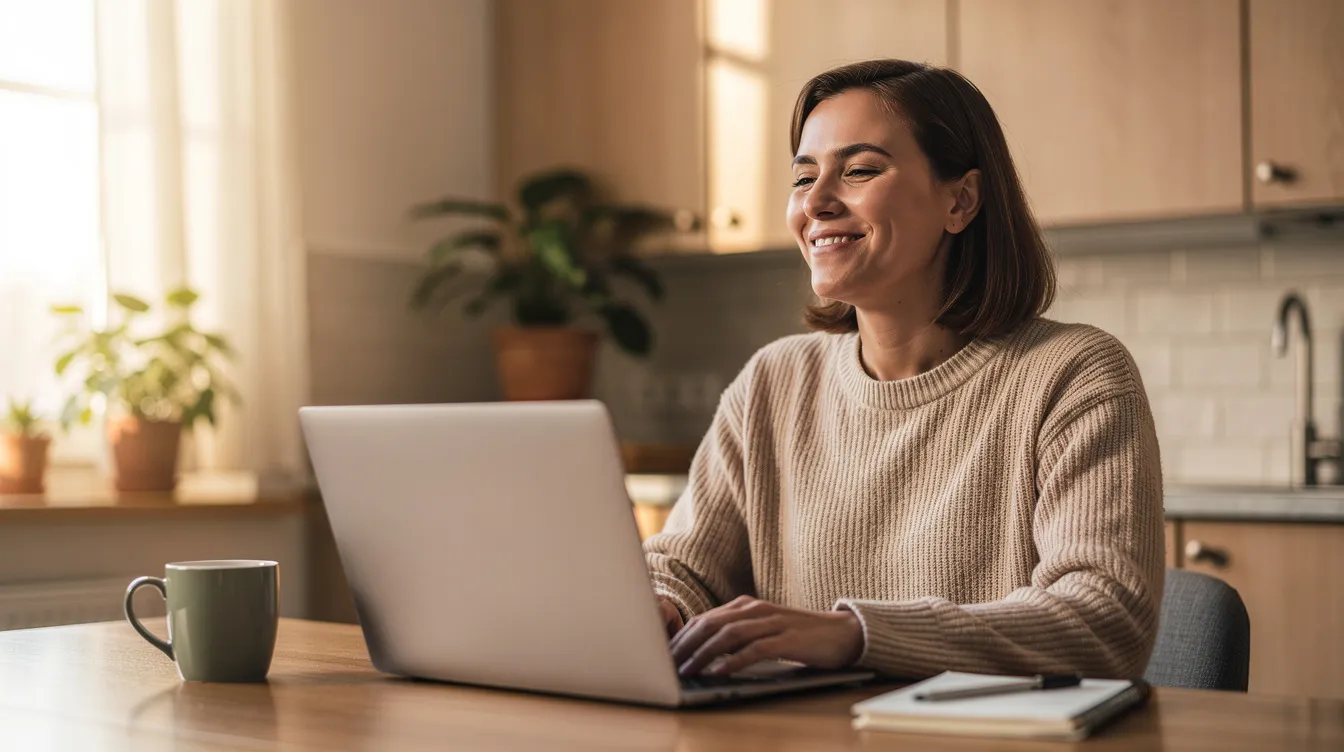 A person sits at a kitchen table, looking at a laptop screen with a satisfied expression, possibly checking their premium bonds prize results or using a prize checker app to see if they've won any unclaimed prizes. The scene conveys a sense of accomplishment and excitement related to their investments in national savings and investments.
