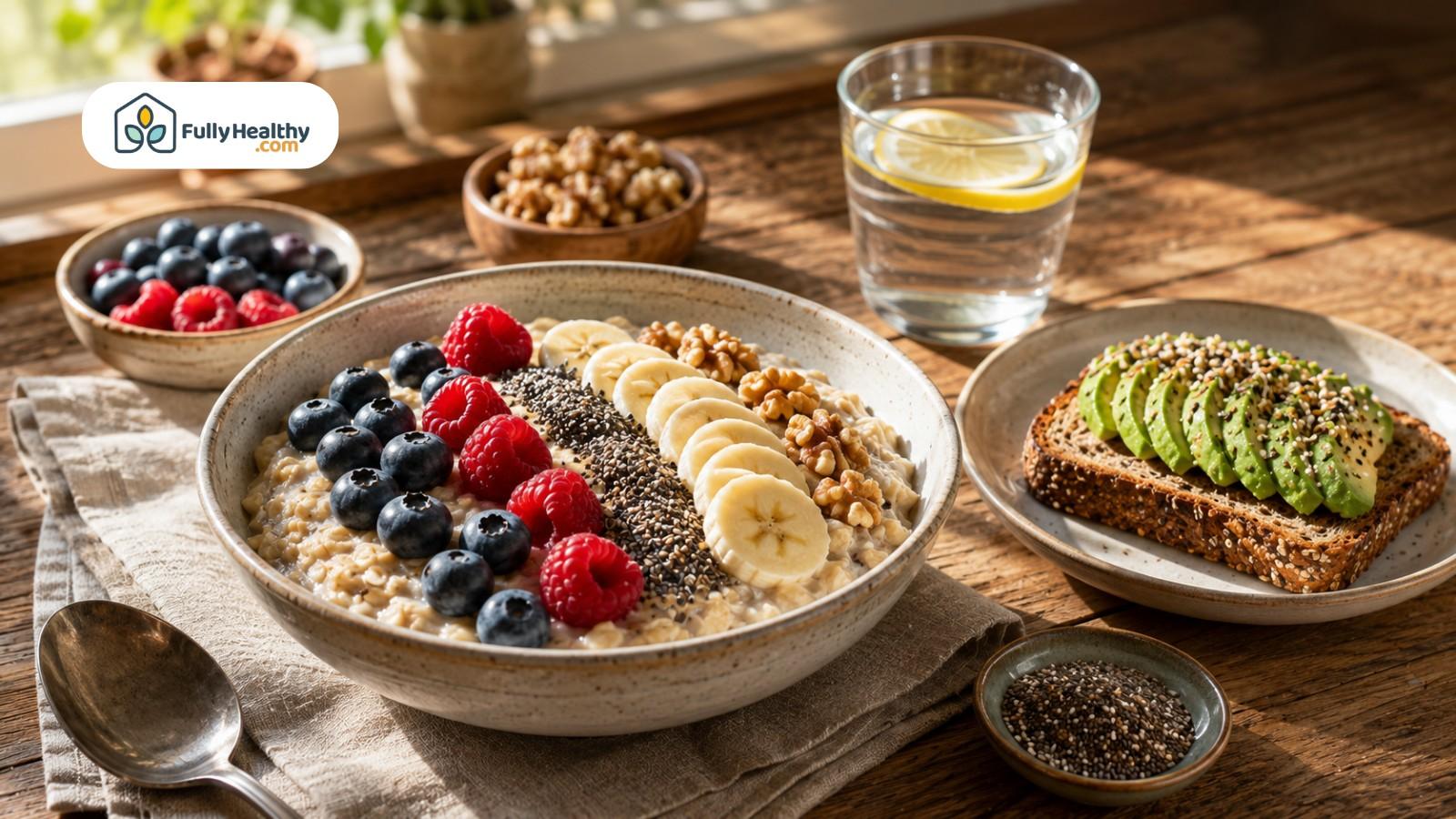 Oatmeal topped with berries, banana, chia, and nuts beside avocado toast