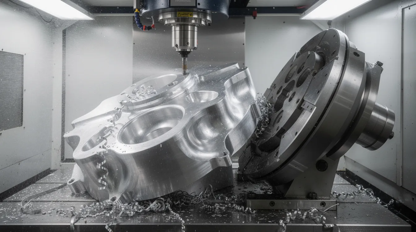 The image depicts a 5-axis CNC machining center featuring a trunnion table tilted at an angle, actively cutting a complex curved metal part. This advanced computer numerical control (CNC) technology allows for precise machining operations, showcasing the capabilities of modern CNC machines to perform complex machining tasks with minimal human intervention.