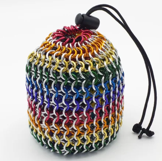 Make a splash with this rainbow-colored titanium dice bag!