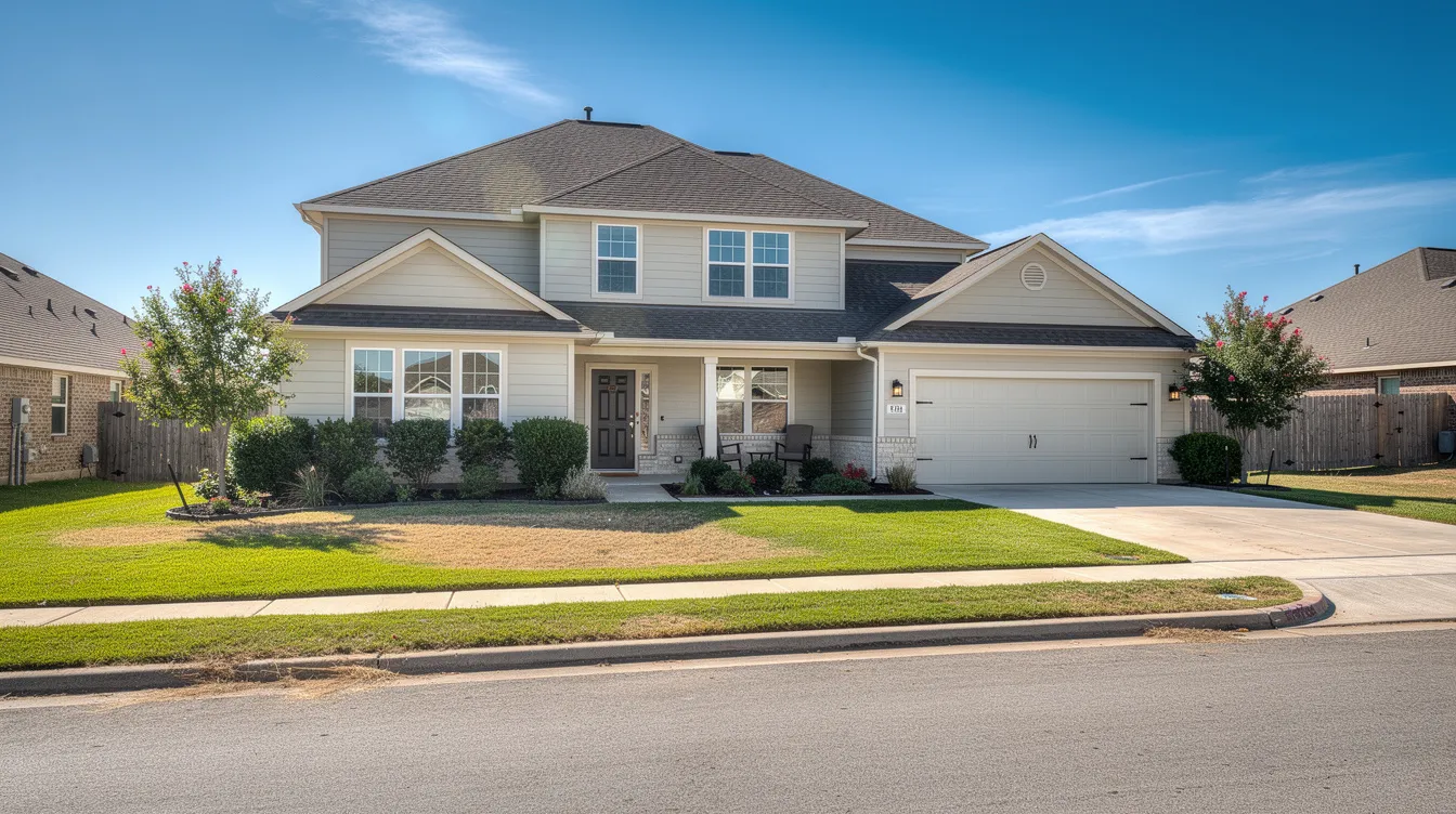 A suburban house with a well-maintained green lawn is set against a bright blue sky, depicting a hot summer afternoon in Texas. The scene suggests the importance of efficient air conditioning systems, such as central air conditioning units, to keep homes cool during high temperatures.