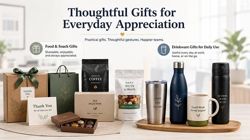 Food, snack and drinkware gifts for employee appreciation, including coffee, tea, chocolate, tumbler, bottle, mug and thermos