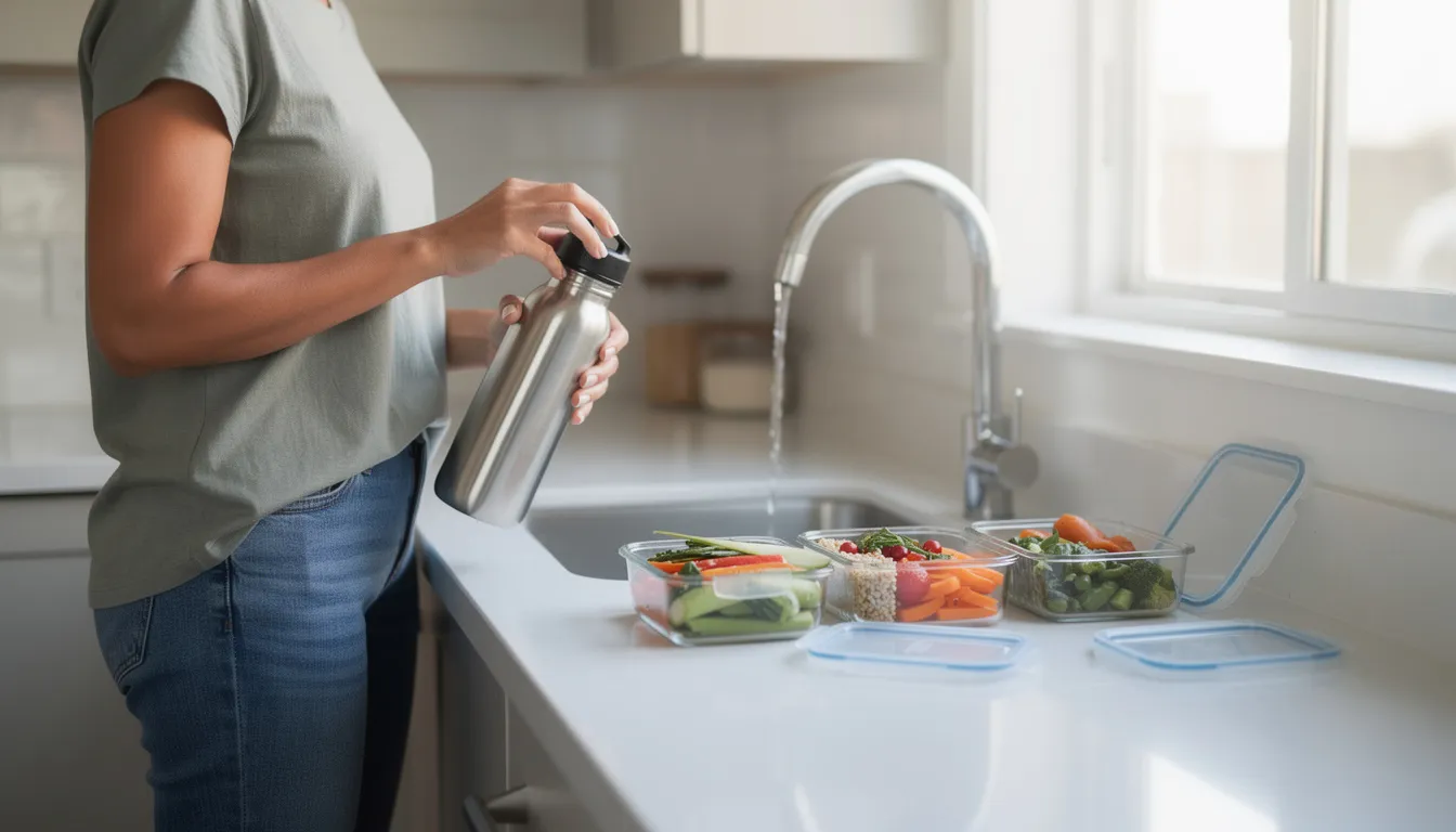 A person is filling a water bottle at a kitchen counter, with various meal prep containers filled with healthy foods like fruits and vegetables visible in the background, emphasizing the importance of a healthy balanced diet. The scene highlights the commitment to healthy eating patterns and maintaining a healthy weight.