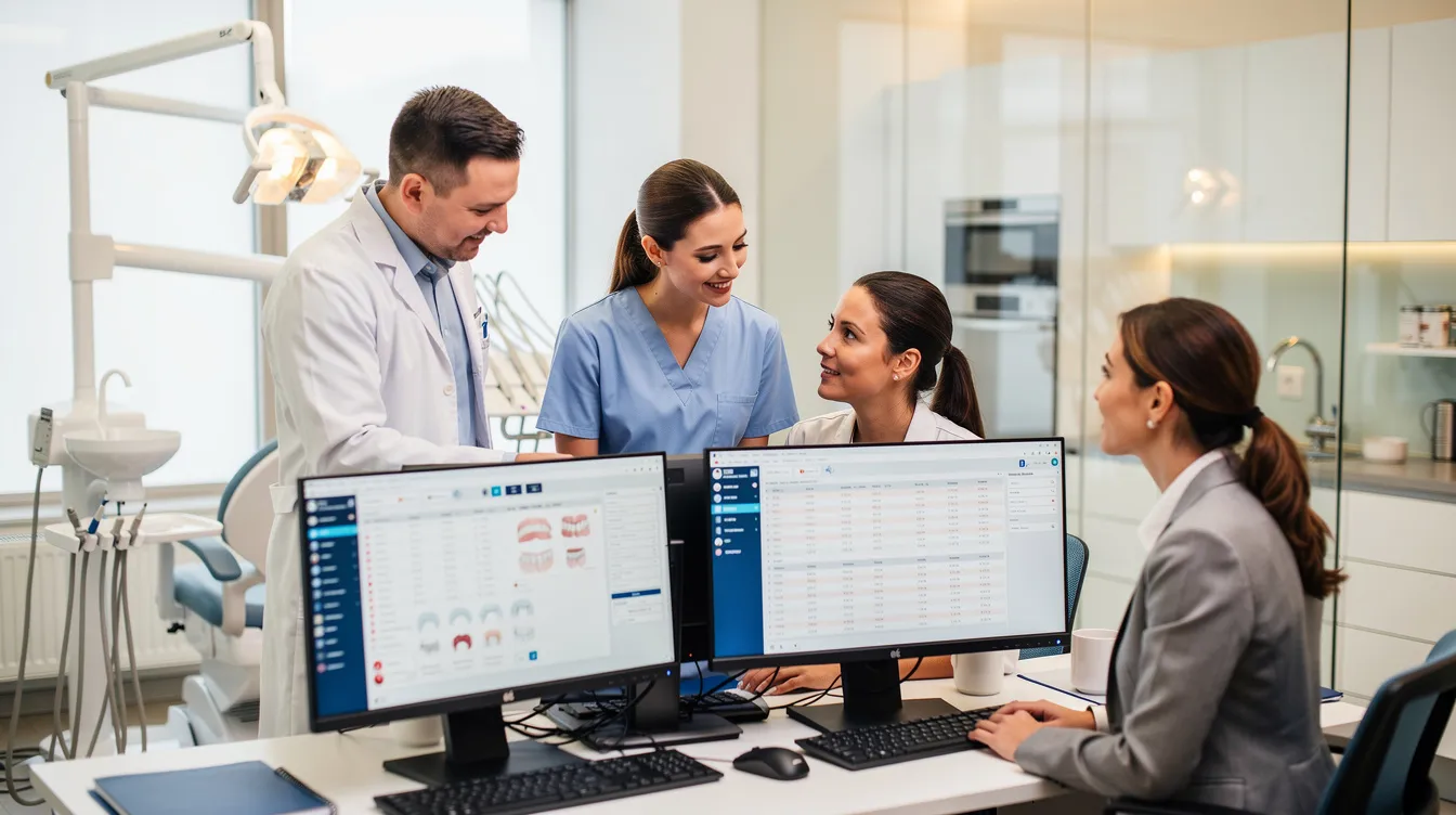 A modern dental practice team collaborates around computer screens, discussing patient care and treatment plans in a professional setting. Their focus on dental billing and procedures reflects their extensive experience in oral surgery and general dentistry.