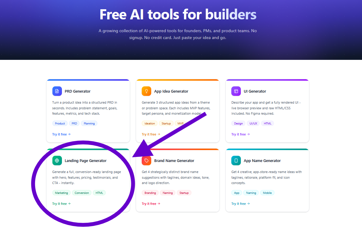 Image showing where to click to find Omniflow's best landing page builder for free. Build basic landing pages in seconds with Omniflow 