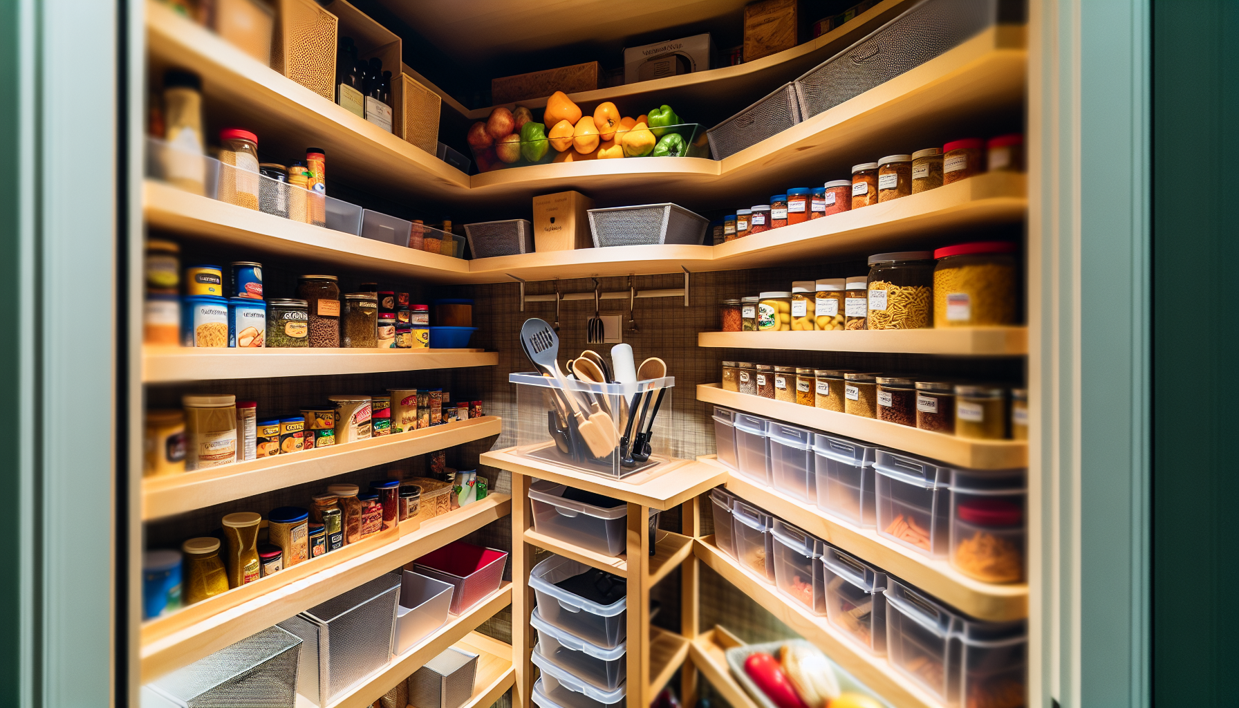 Efficient organization with thin shelves and clear bins in a small walk-in pantry