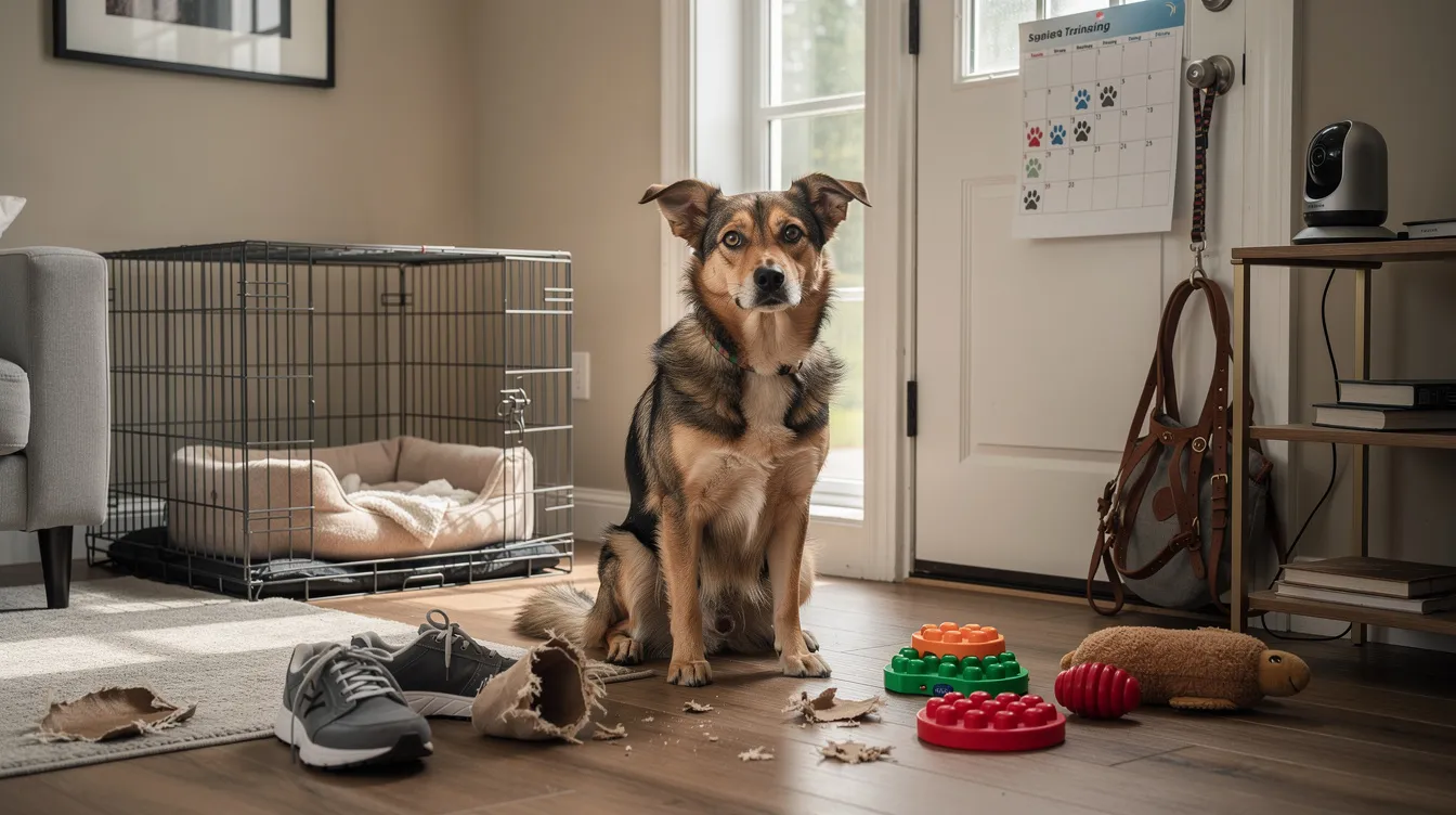 The image depicts a concerned dog sitting by the front door, showcasing signs of separation anxiety, such as excessive barking and anxious behavior as it waits for its owner to return home. The background suggests a cozy living space, emphasizing the emotional bond between the dog and its family.