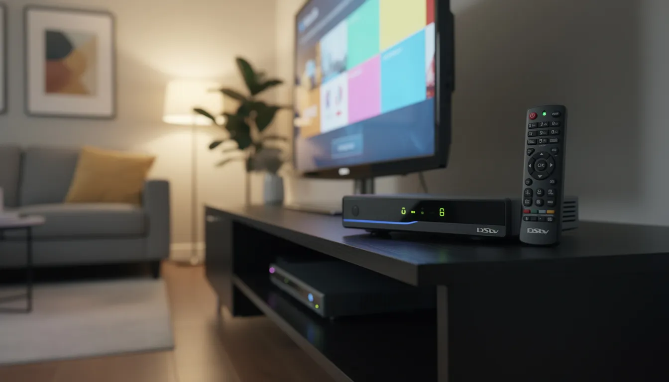 The image shows a DStv decoder and remote control placed next to a television in a cozy living room setting, highlighting the DStv setup ready for use. This setup is ideal for those considering DStv installation services in Bellville, featuring a professional and user-friendly design.