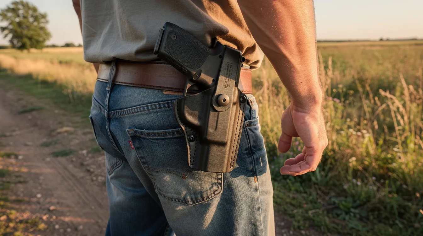 A person is walking outdoors in a rural setting with a holstered handgun on their hip, indicating they are carrying a concealed weapon, which may be in accordance with Louisiana law regarding concealed handgun permits. The scene reflects the ongoing discussions around gun laws and public safety in the area.