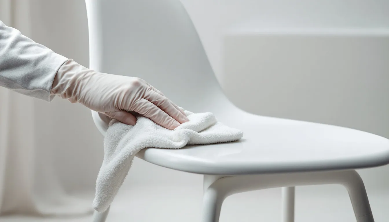 A close-up of white dining chairs being cleaned to maintain their crisp look.