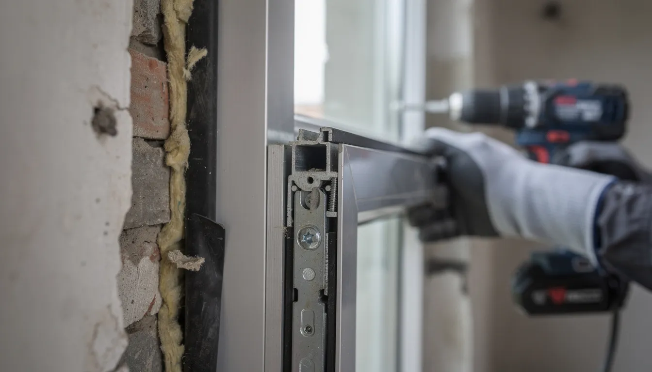 A close-up view of an aluminium window frame being installed, showcasing the precision of the installation team as they work on retrofitting double glazing into existing timber framed windows. The image highlights the modern double glazing technology aimed at improving insulation and energy efficiency in homes.