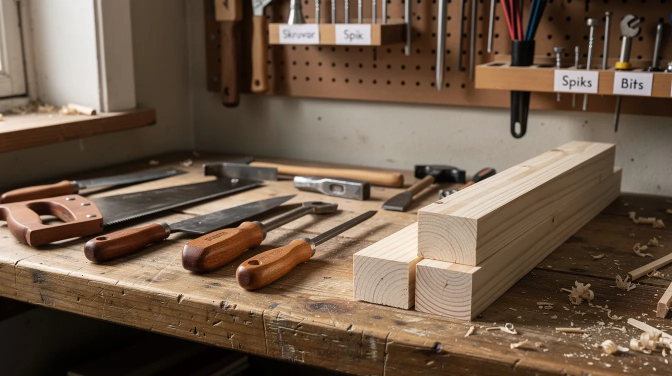 Bild av en arbetsbänk som är fylld med snickeriverktyg och träreglar i olika tjocklekar. Verktygen ligger utspridda på bordet, vilket visar på en aktiv arbetsprocess där materialet tillverkas och formas.