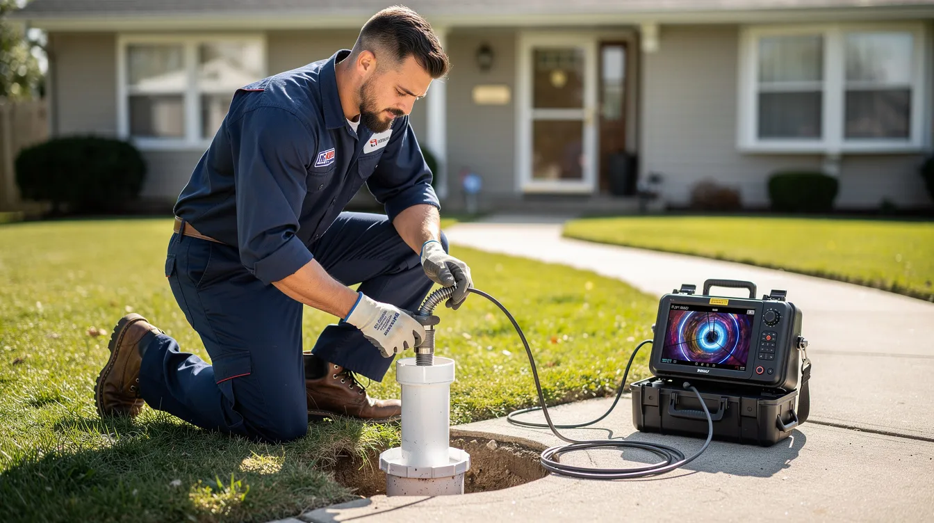 A professional plumber is seen feeding a sewer camera scope into a residential cleanout pipe located in a yard, which is part of the home's plumbing system. This inspection helps identify issues such as clogged sewer lines or damaged sewer pipes, potentially preventing costly repairs.