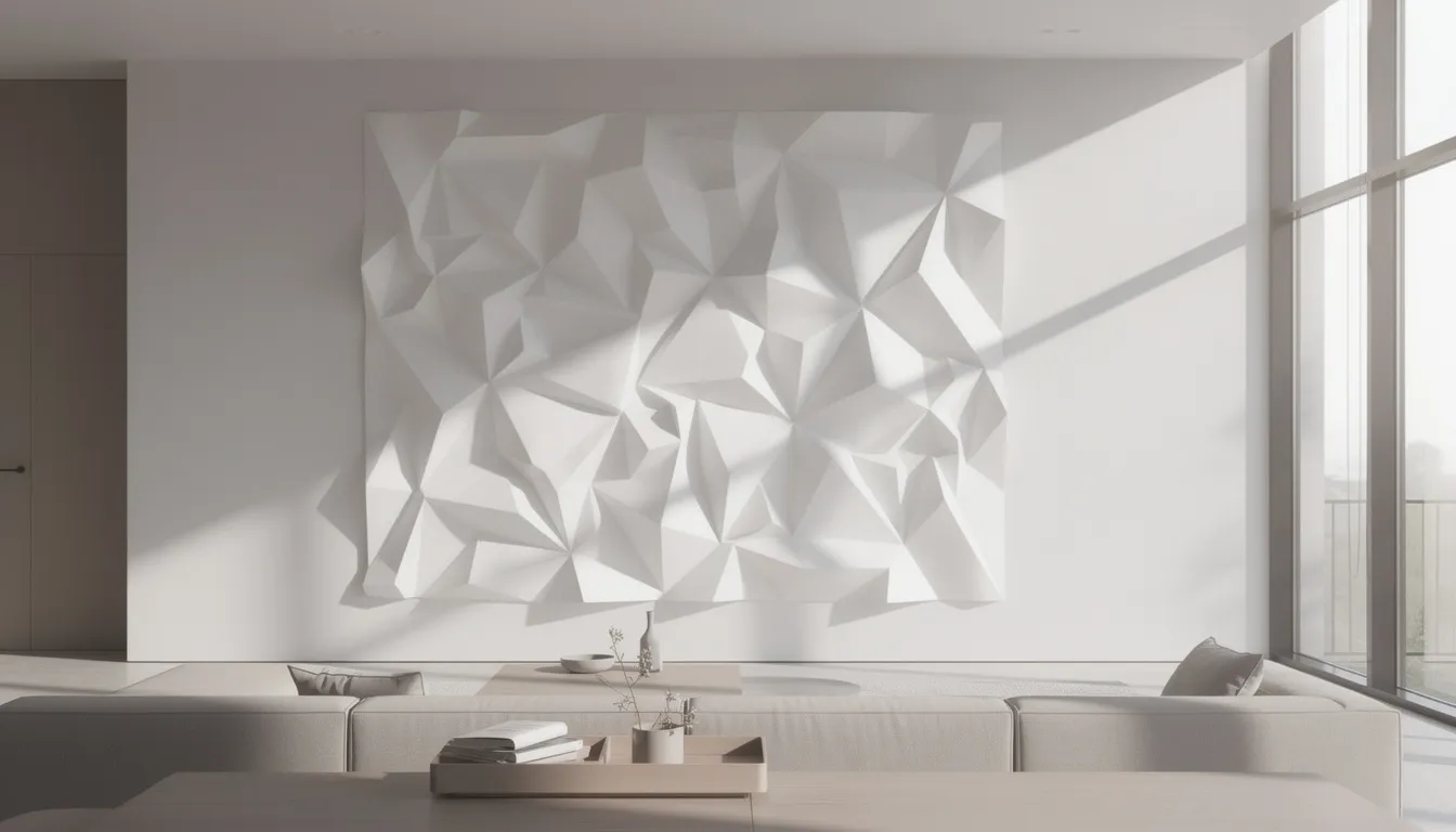 A striking geometric sculptural wall panel casts intriguing shadows in a bright living room, adding visual interest and dimension to the space. This unique wall decor enhances the overall style and beauty of the room, making it a captivating focal point for any gallery wall.
