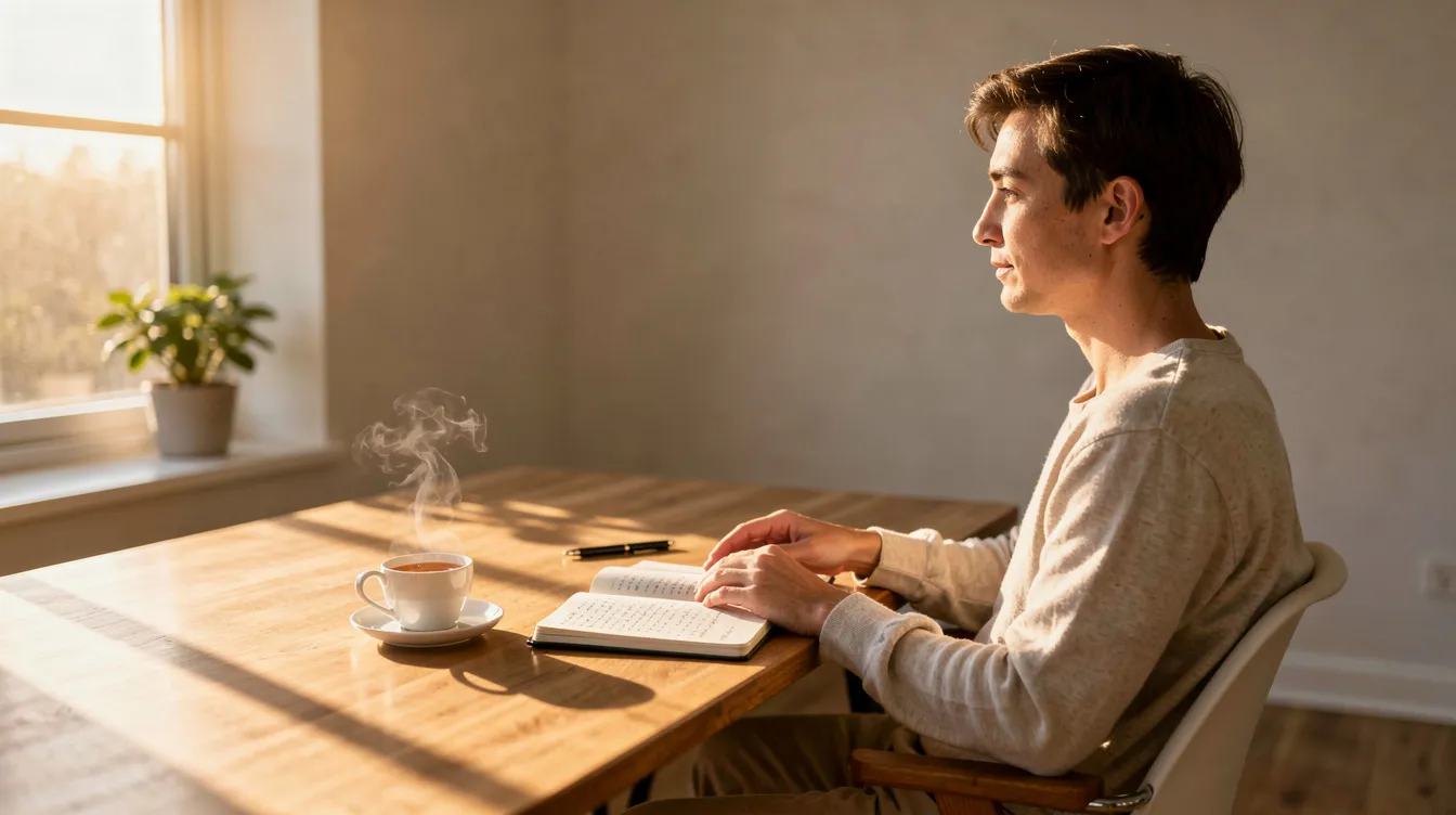 The image shows a person sitting calmly at a tidy desk, enjoying a cup of tea while writing in a notebook, illuminated by soft morning light streaming through a window. This serene setting suggests a focus on mental clarity and cognitive function, potentially enhanced by the use of dietary supplements like ashwagandha and lion's mane for stress management and improved sleep quality.