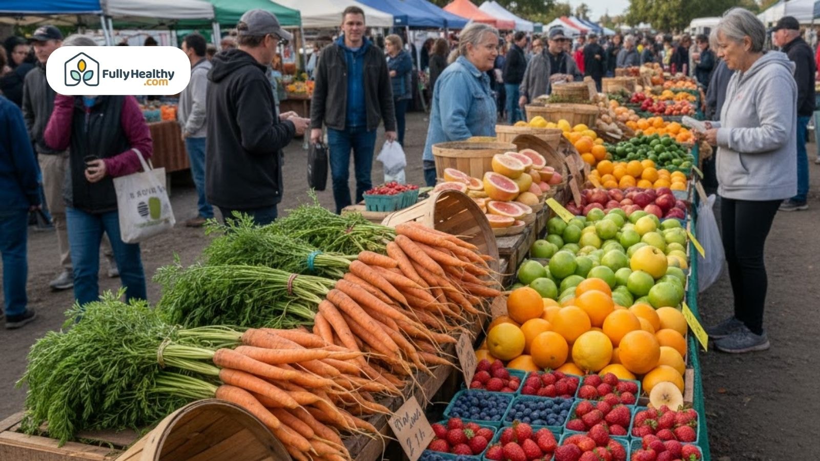 Farmers market produce display showing carrots, apples, strawberries, and other fruits and vegetables for sale.