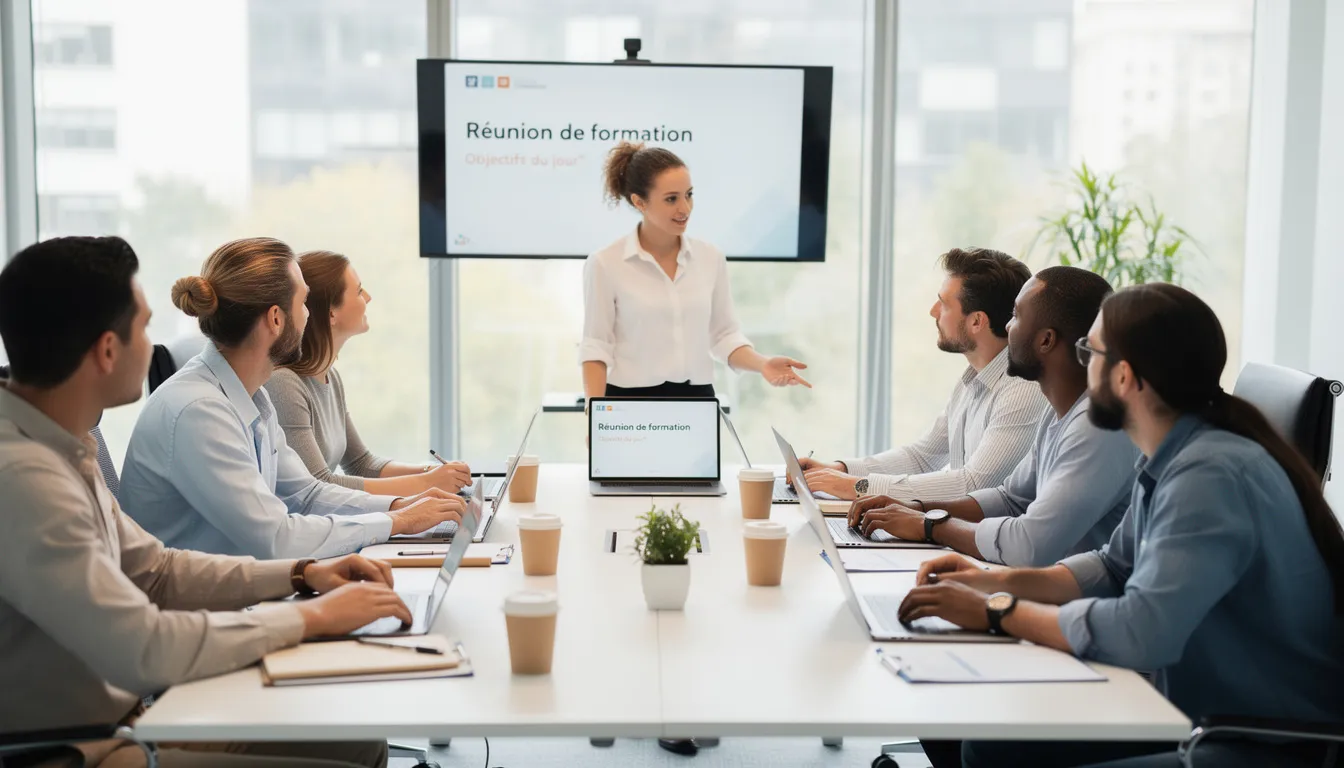 Une équipe de professionnels se réunit autour d'une table, chacun avec un ordinateur portable, pour une formation sur les bonnes pratiques en matière de cybersécurité. L'ambiance est collaborative, et les participants échangent des conseils sur la protection des données et la sécurité informatique.