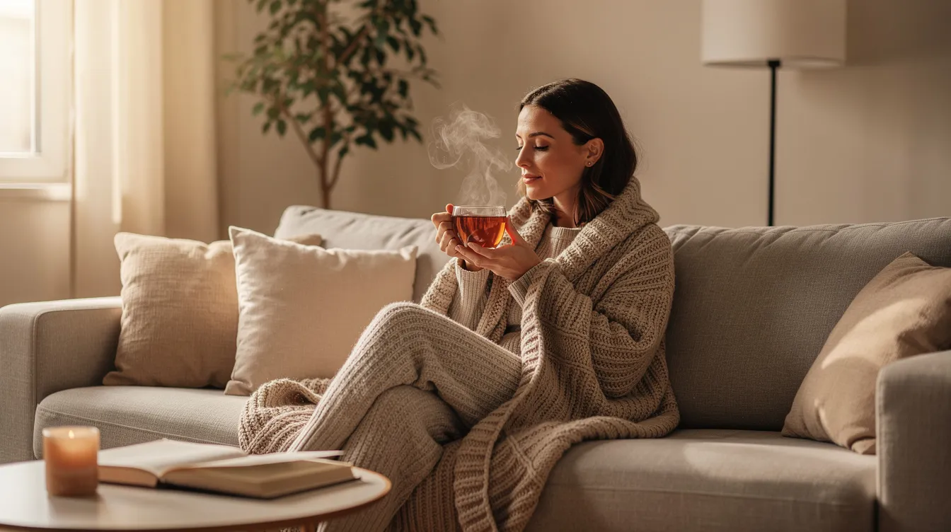 A woman is seen relaxing comfortably on a cozy couch at home, wrapped in a soft blanket and holding a warm cup of tea, embodying a sense of tranquility and self-care. This image reflects a peaceful moment, which many women seek to enhance their self-esteem and well-being, similar to the feelings experienced after undergoing a labiaplasty procedure.