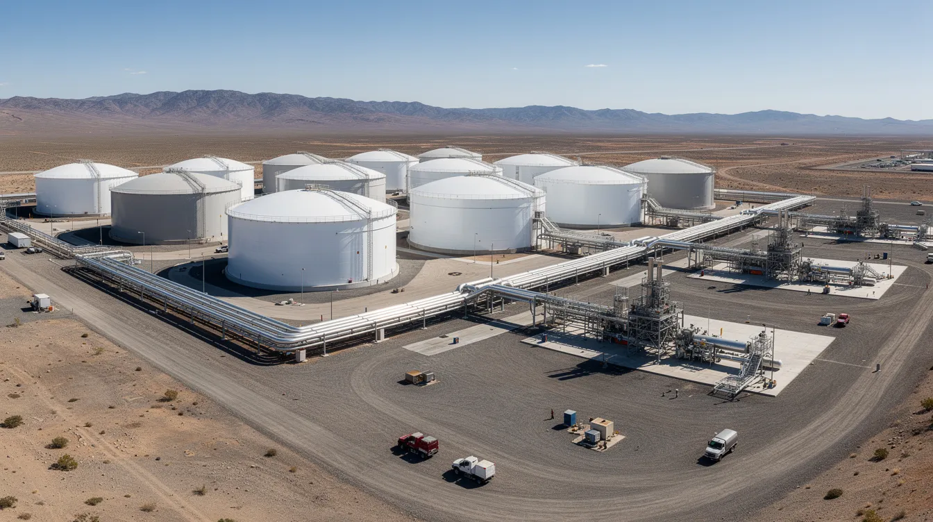 The image depicts large water storage tanks and extensive pipeline infrastructure situated at an energy production facility within a vast open basin. This setup is crucial for the oil and gas industry, facilitating the management and supply of water resources essential for gas development and environmental protection.