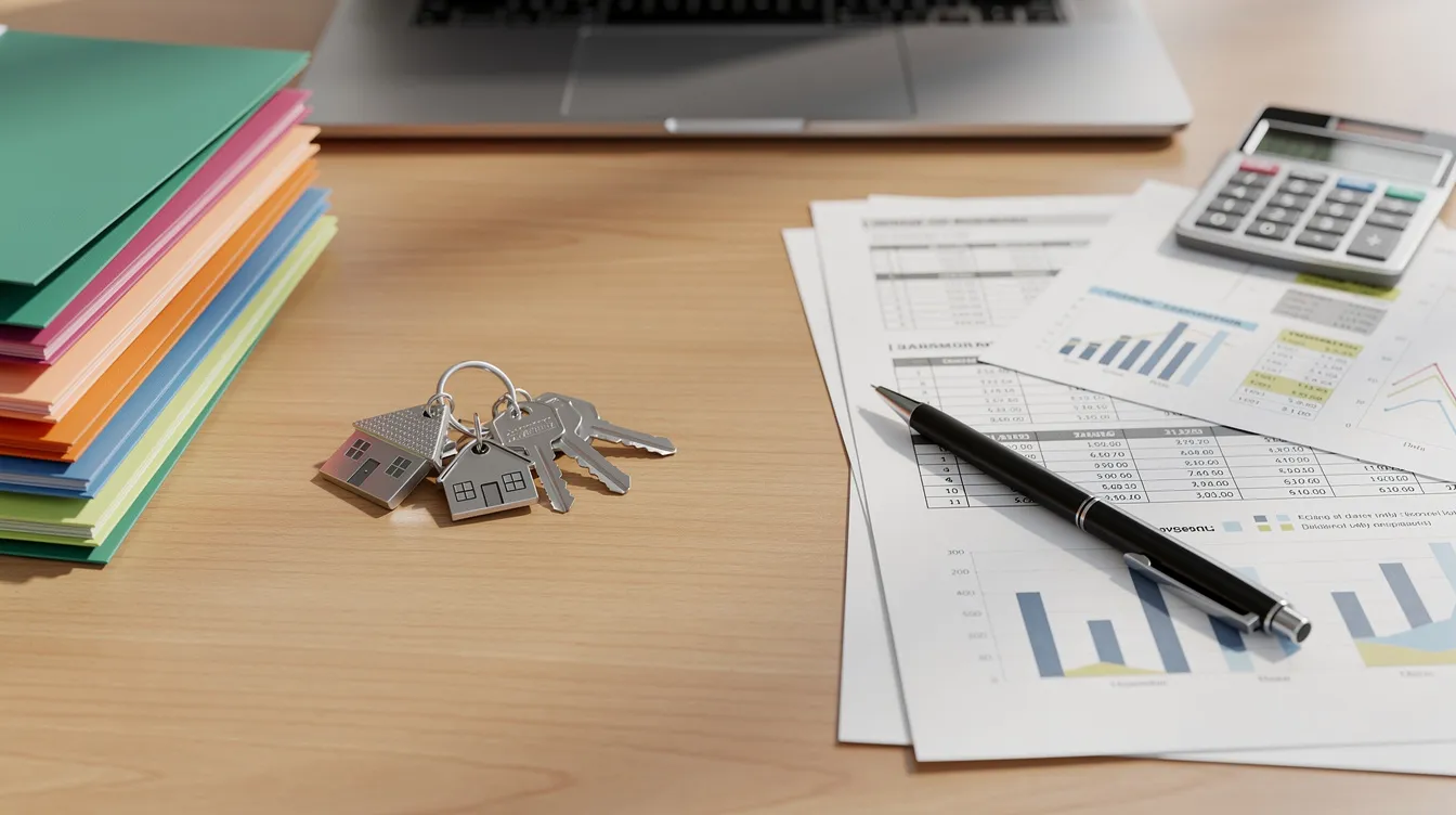 The image depicts an organized desk featuring various folders, keys, and financial papers, likely related to estate planning documents and financial affairs. This setup may assist in managing assets and navigating estate taxes effectively.