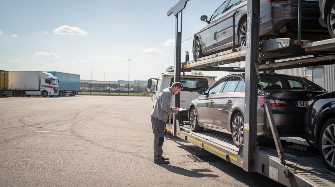 A person is inspecting a vehicle parked next to a car carrier trailer, which is commonly used by auto transport companies for vehicle shipping. This scene highlights the car transport process, essential for ensuring the vehicle's condition during transit.