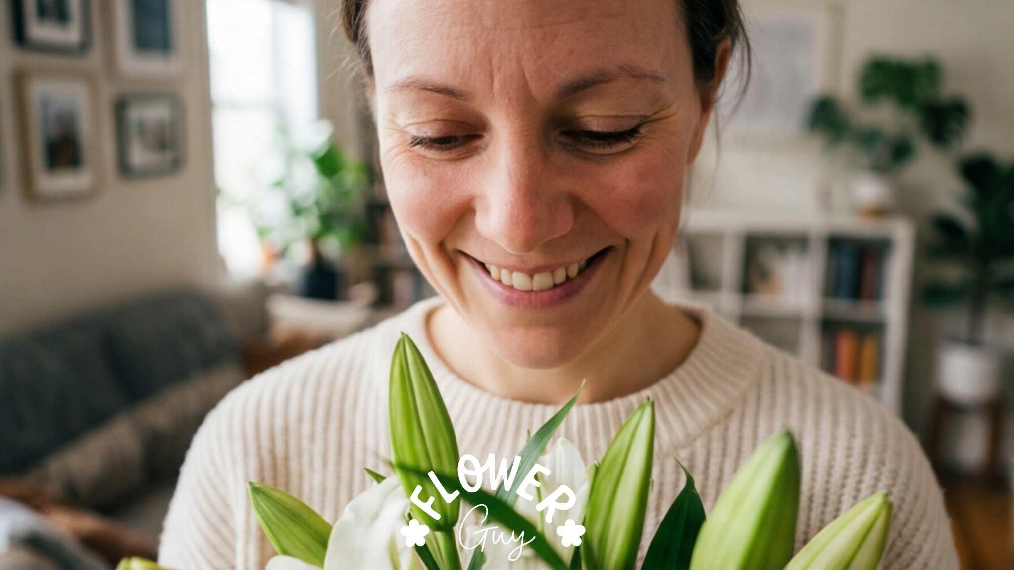 Close-up of a woman smiling at a hand-tied white lily bouquet at home, fresh Oriental lilies from Flower Guy