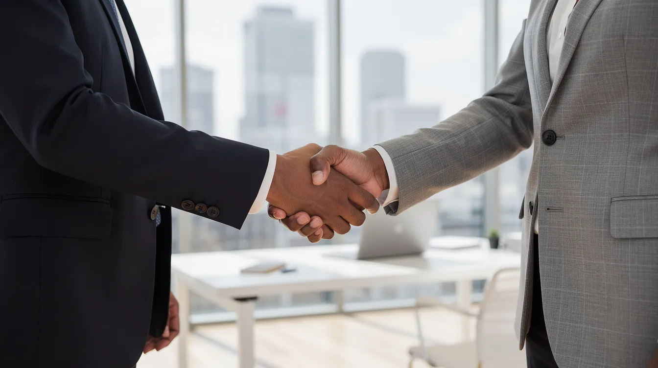 The image depicts a professional handshake between two individuals in a bright, modern office setting, symbolizing a successful partnership or agreement, possibly related to trademark registration or intellectual property matters. The atmosphere conveys a sense of collaboration and professionalism, ideal for discussions about trademark law or business agreements.