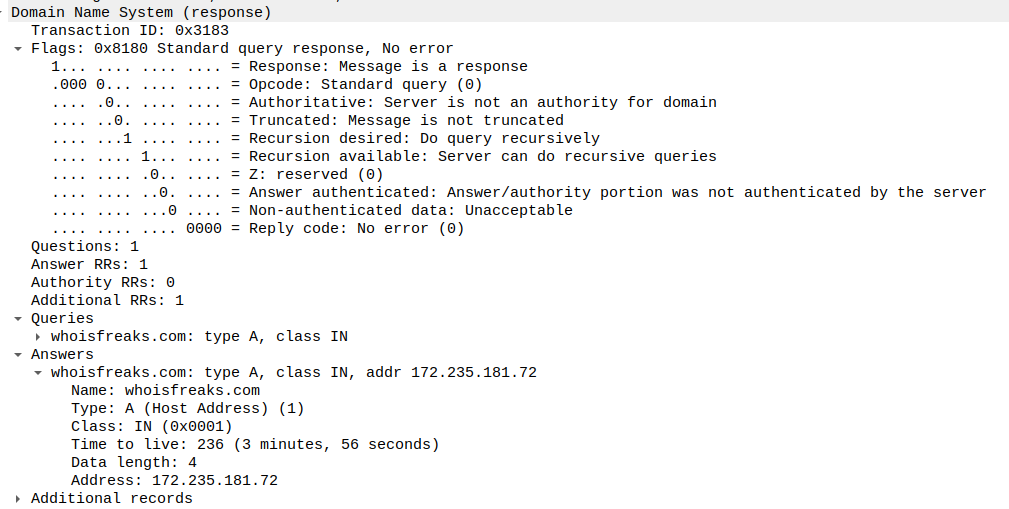 DNS response for domain whoisfreaks.com